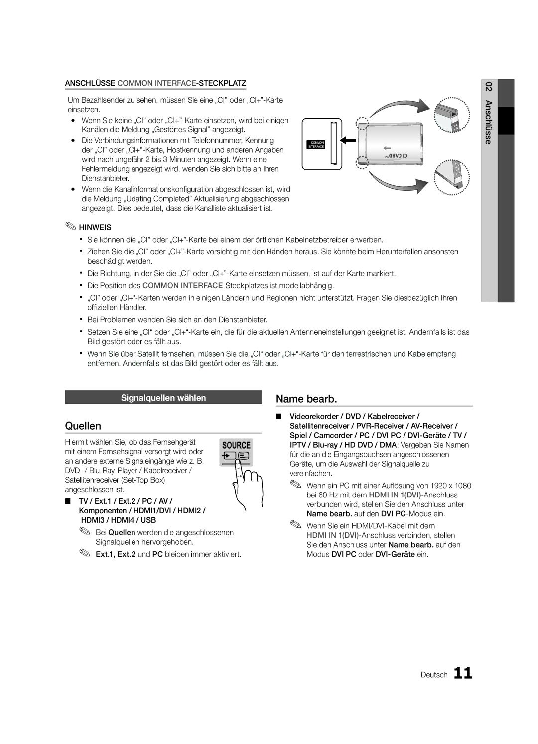 Samsung UE46C8700XSXZG, UE55C8790XZXZG, UE55C8700XSXXN, UE46C8780XSXZG manual Quellen, Name bearb, Signalquellen wählen 