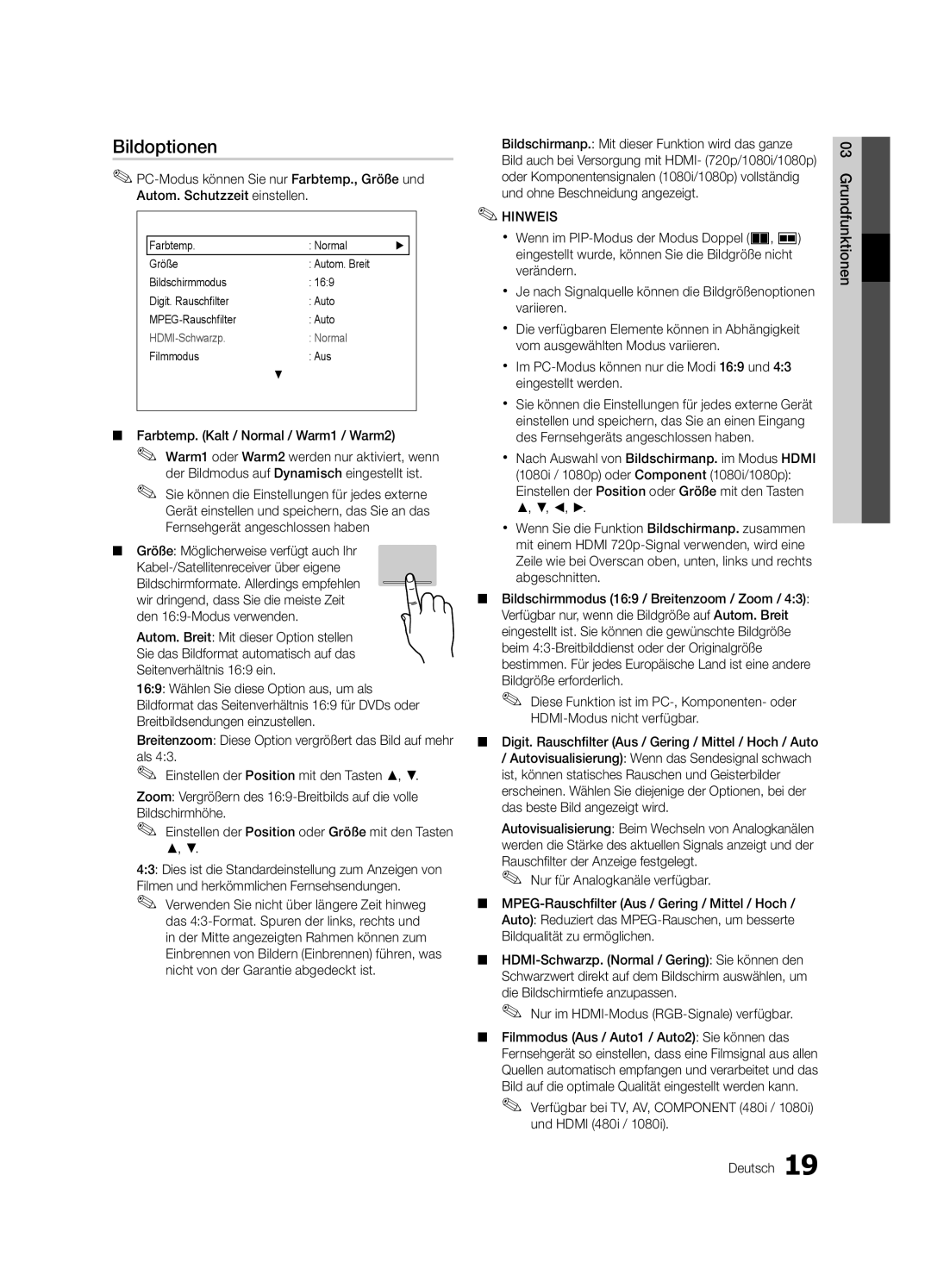 Samsung UE55C8700XSXZG manual Bildoptionen, Farbtemp. Kalt / Normal / Warm1 / Warm2, Größe Möglicherweise verfügt auch Ihr 