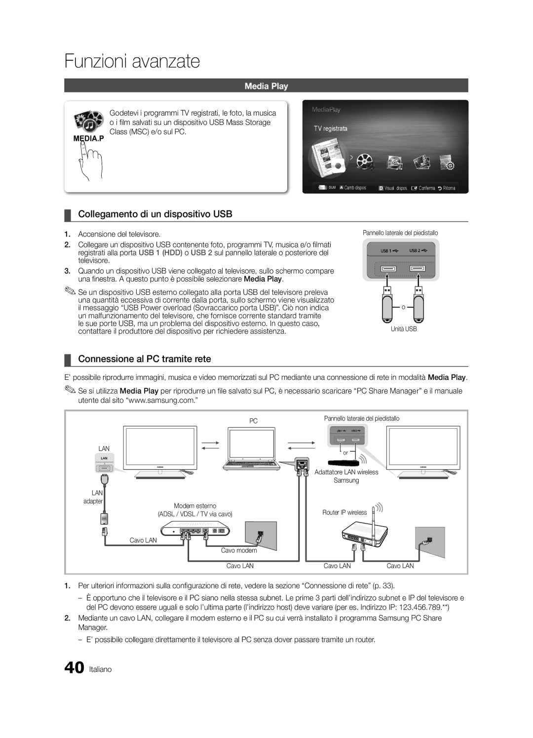 Samsung UE46C9000SPXZT Collegamento di un dispositivo USB, Connessione al PC tramite rete, MEDIA.P Class MSC e/o sul PC 