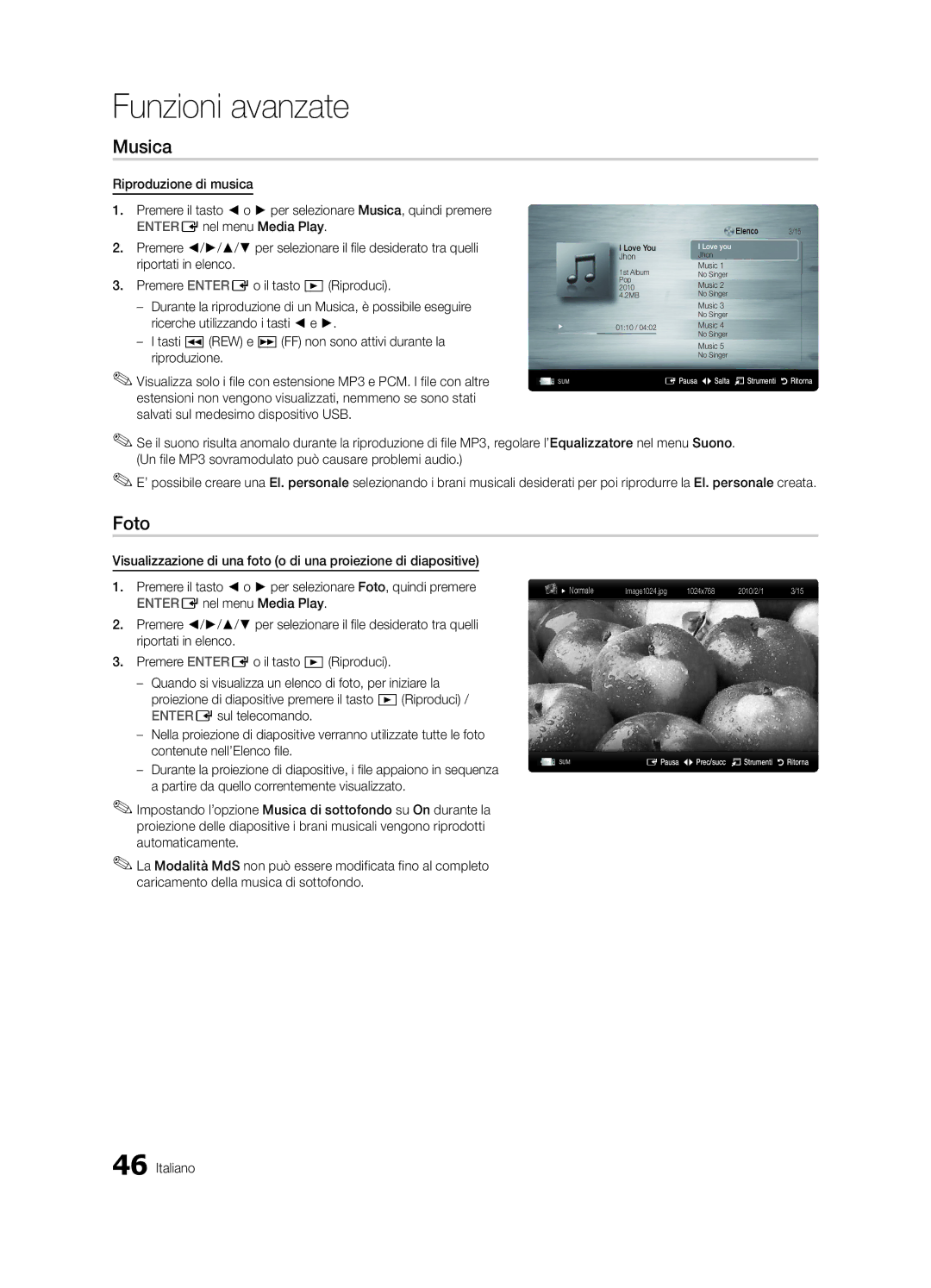 Samsung UE46C9000SPXZT, UE55C9000SPXZT, UE40C9000SPXZT, UE40C9000SWXXH, UE40C9005ZWXXE, UE40C9000SWXZG manual Musica, Foto 