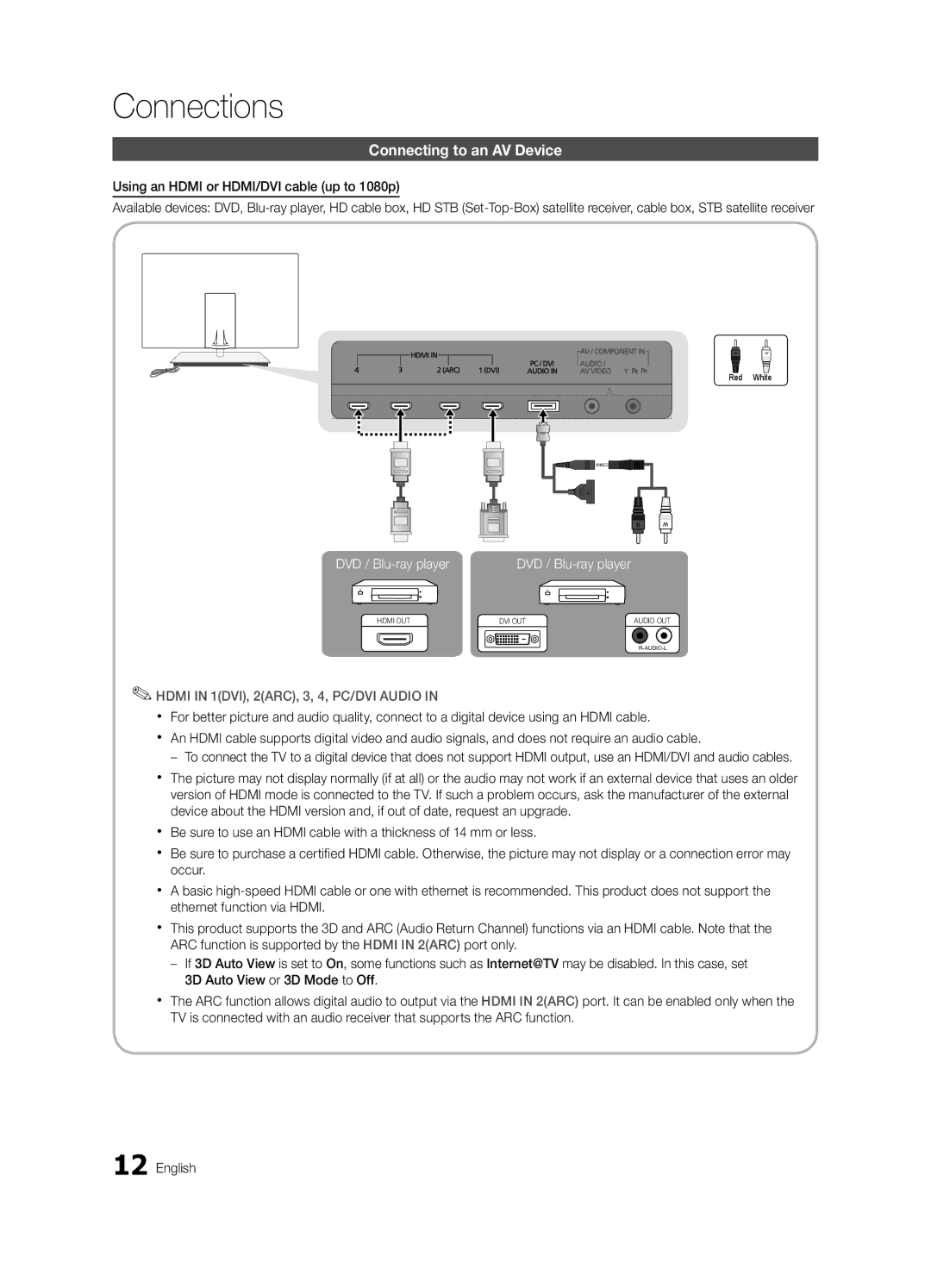 Samsung UE55C9000SPXZT manual Connections, Connecting to an AV Device, Using an Hdmi or HDMI/DVI cable up to 1080p 