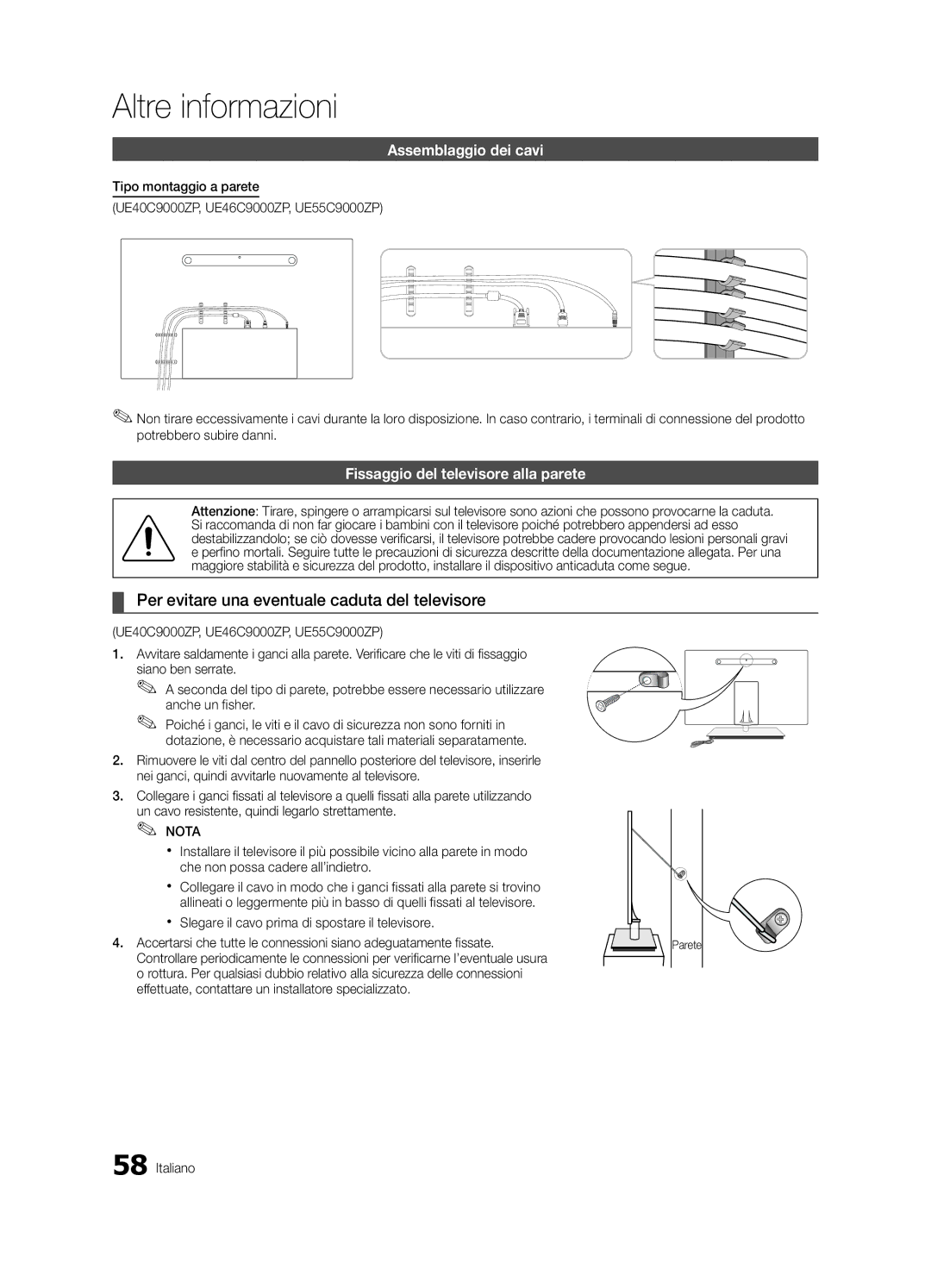 Samsung UE46C9000SPXZT manual Altre informazioni, Per evitare una eventuale caduta del televisore, Assemblaggio dei cavi 