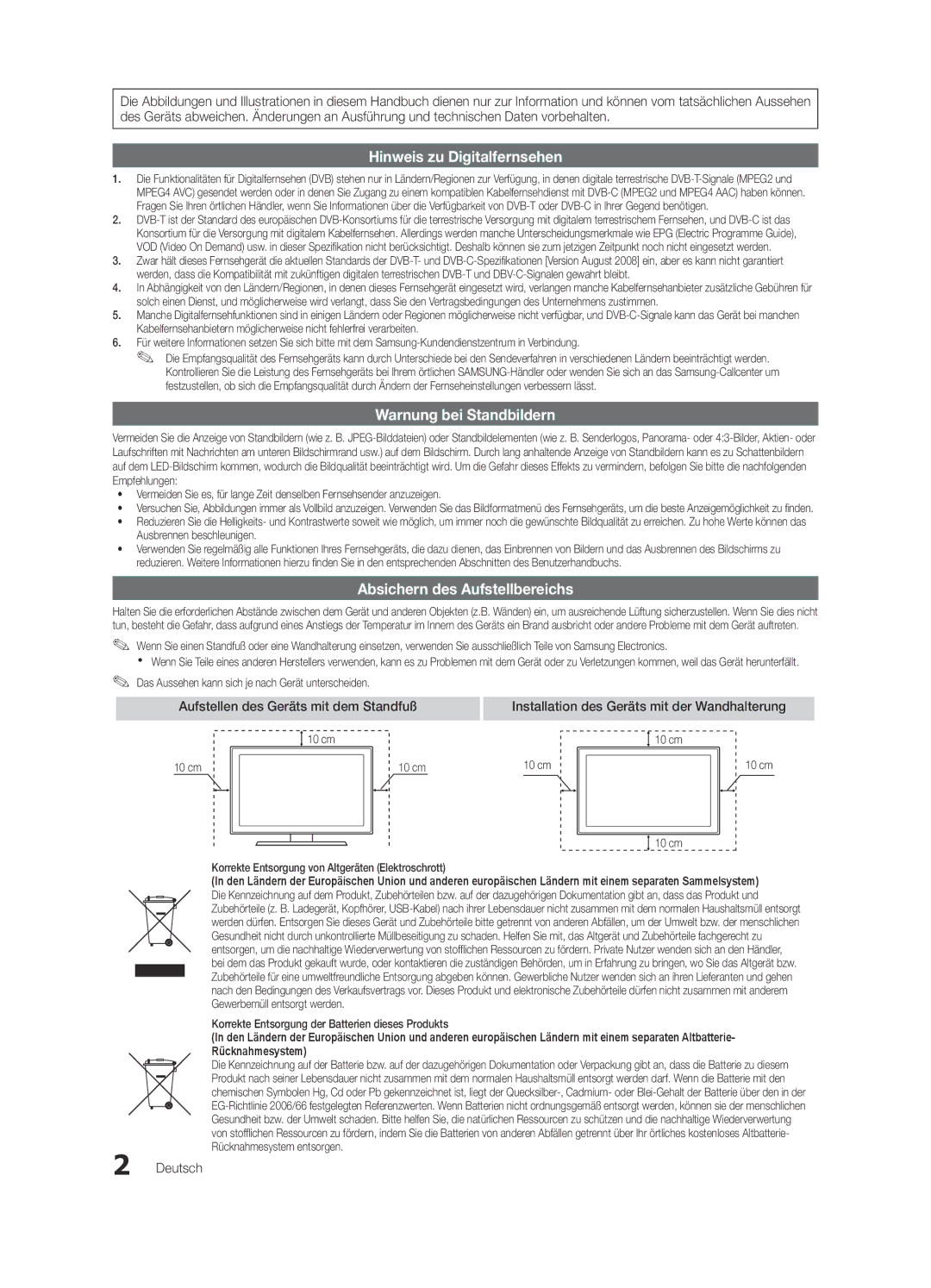 Samsung UE55C9000SPXZT, UE40C9000SPXZT Absichern des Aufstellbereichs, Aufstellen des Geräts mit dem Standfuß, Deutsch 