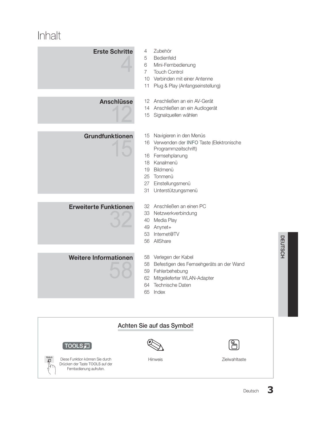 Samsung UE40C9000SPXZT, UE55C9000SPXZT, UE46C9000SPXZT manual Inhalt, Achten Sie auf das Symbol, Hinweis, Zielwahltaste 