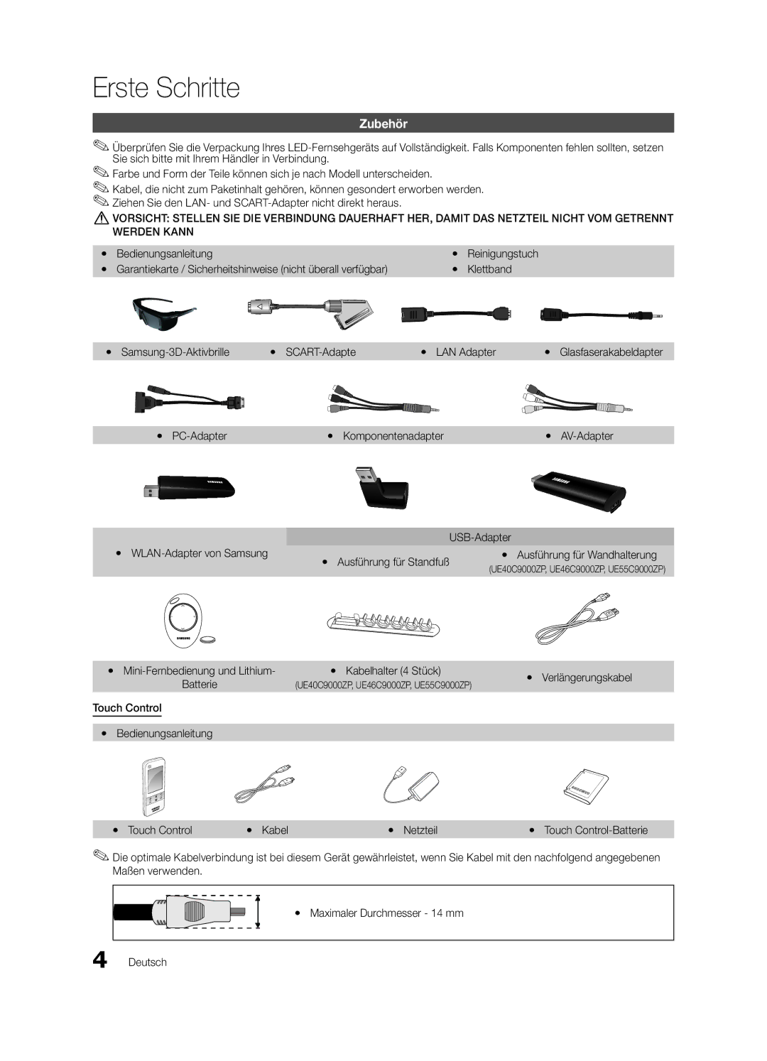 Samsung UE46C9000SPXZT, UE55C9000SPXZT, UE40C9000SPXZT, UE40C9000SWXXH, UE40C9005ZWXXE, UE40C9000SWXZG Erste Schritte, Zubehör 