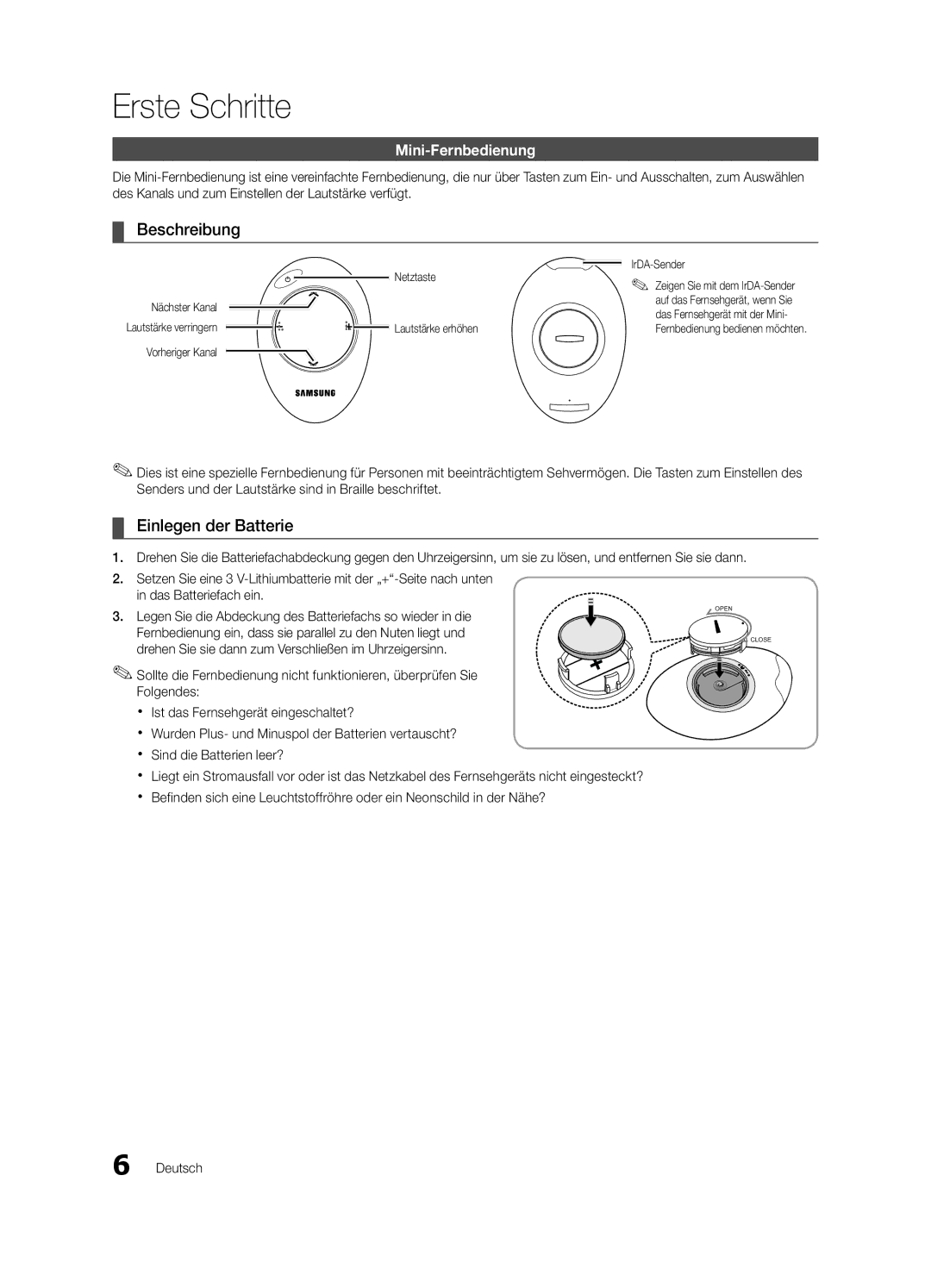 Samsung UE40C9005ZWXXE, UE55C9000SPXZT, UE40C9000SPXZT manual Beschreibung, Einlegen der Batterie, Mini-Fernbedienung 