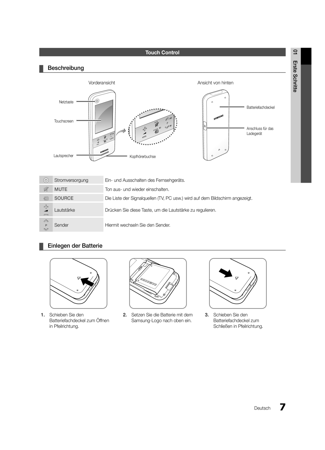 Samsung UE40C9000SWXZG, UE55C9000SPXZT, UE40C9000SPXZT, UE46C9000SPXZT, UE40C9000SWXXH, UE40C9005ZWXXE manual Touch Control 