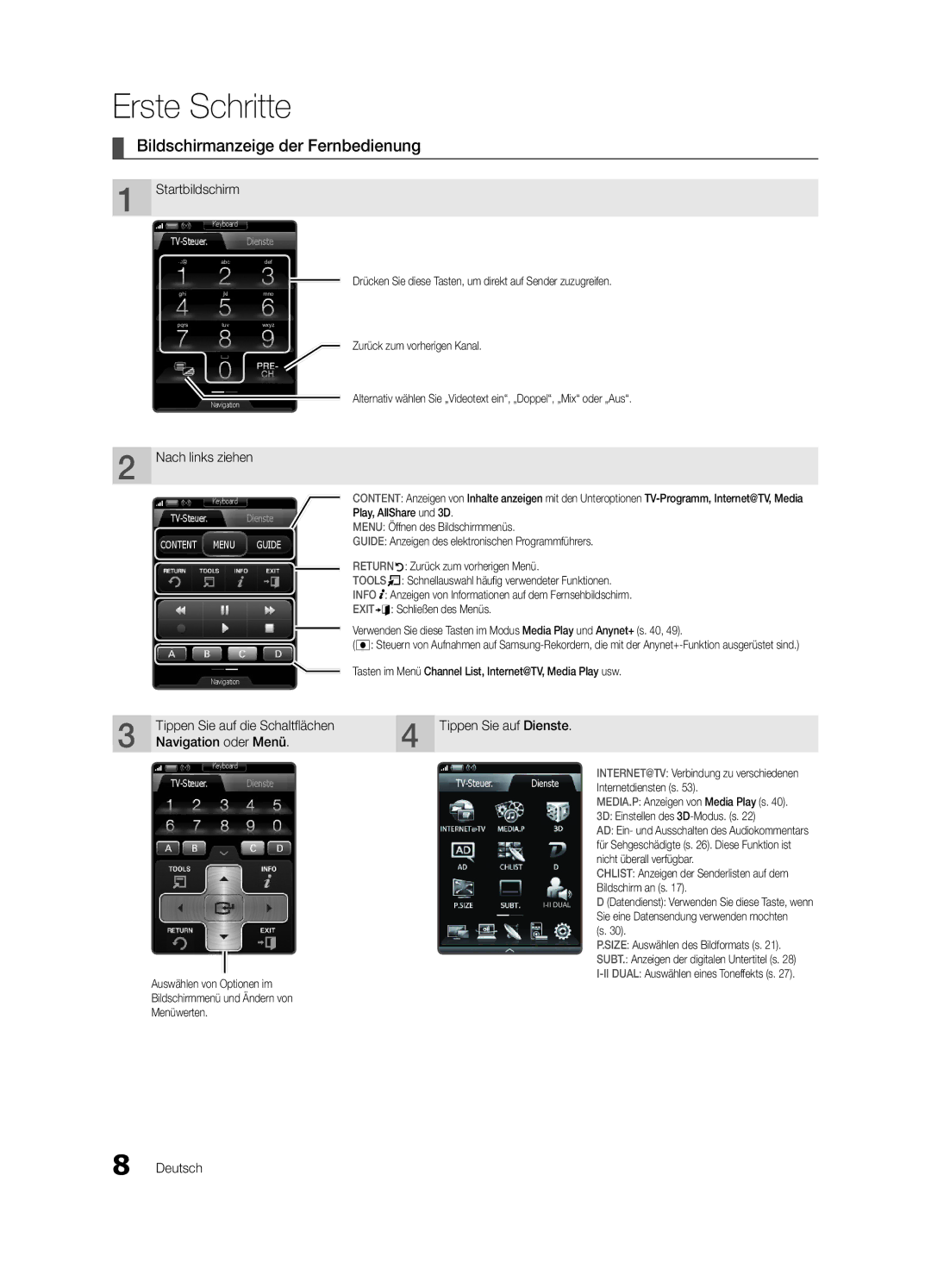 Samsung UE55C9000SPXZT, UE40C9000SPXZT, UE46C9000SPXZT manual Bildschirmanzeige der Fernbedienung, Nach links ziehen 