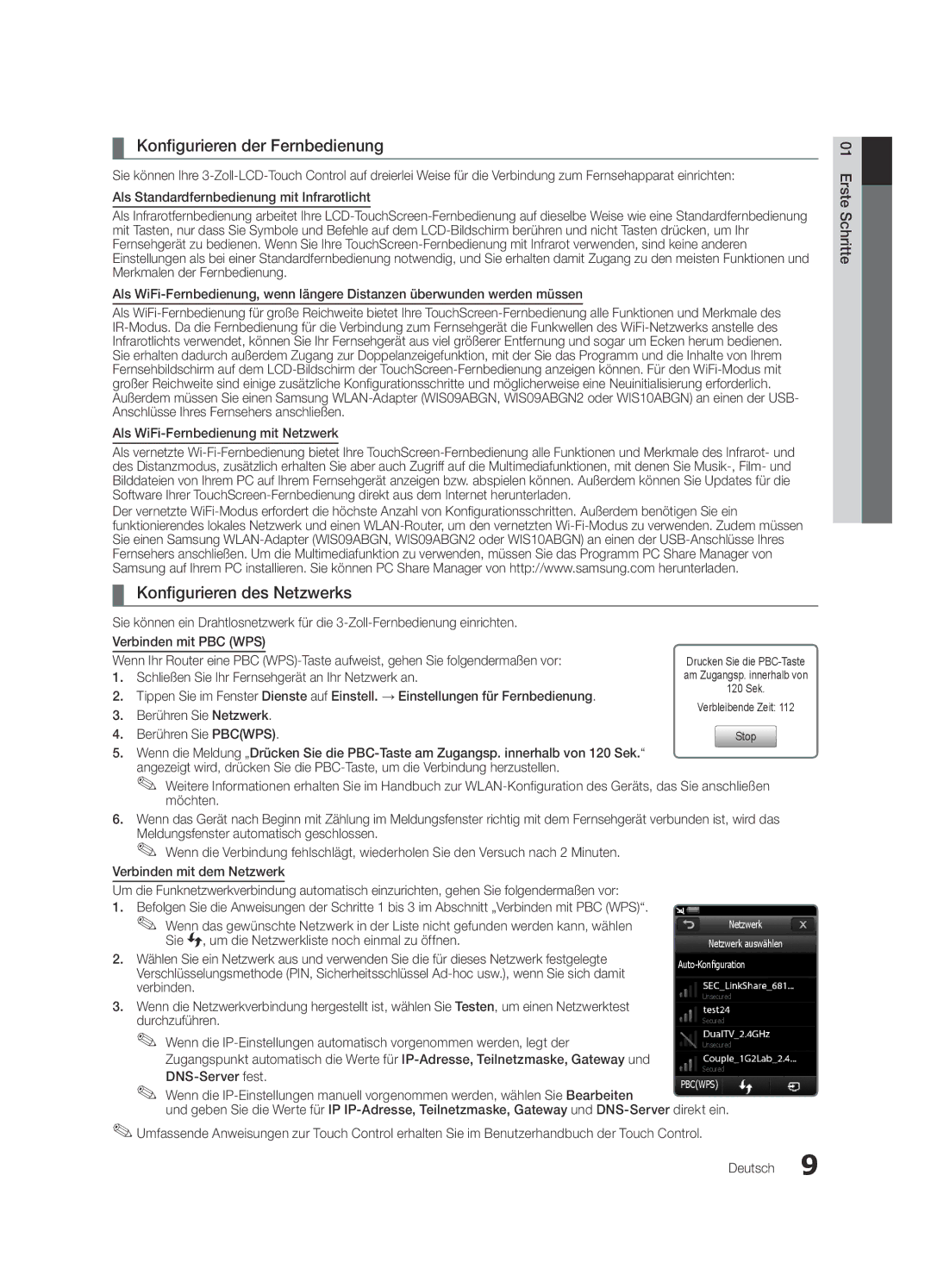 Samsung UE40C9000SPXZT, UE55C9000SPXZT, UE46C9000SPXZT manual Konfigurieren der Fernbedienung, Konfigurieren des Netzwerks 