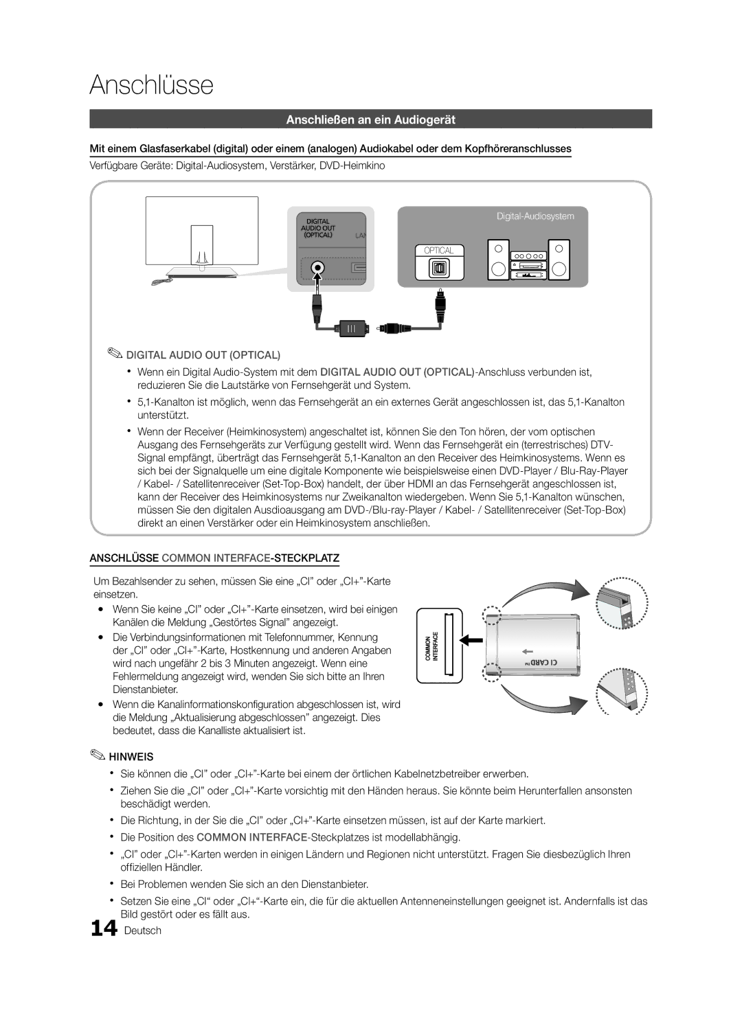 Samsung UE55C9000SPXZT, UE40C9000SPXZT manual Anschließen an ein Audiogerät, Anschlüsse Common INTERFACE-STECKPLATZ 