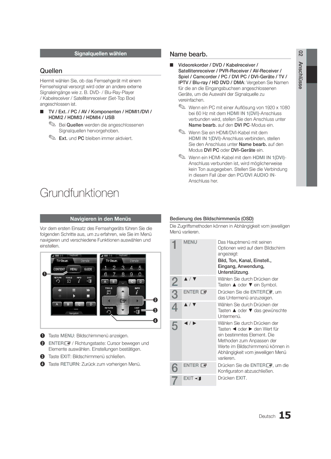 Samsung UE40C9000SPXZT, UE55C9000SPXZT Grundfunktionen, Quellen, Name bearb, Signalquellen wählen, Navigieren in den Menüs 