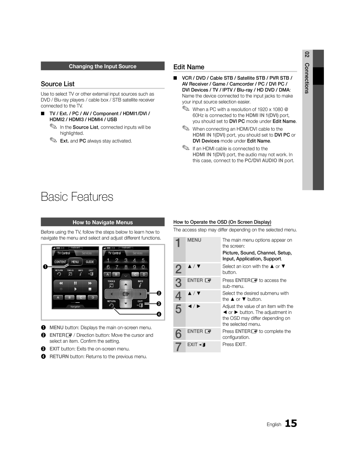 Samsung UE40C9000SWXXH manual Basic Features, Source List, Edit Name, Changing the Input Source, How to Navigate Menus 