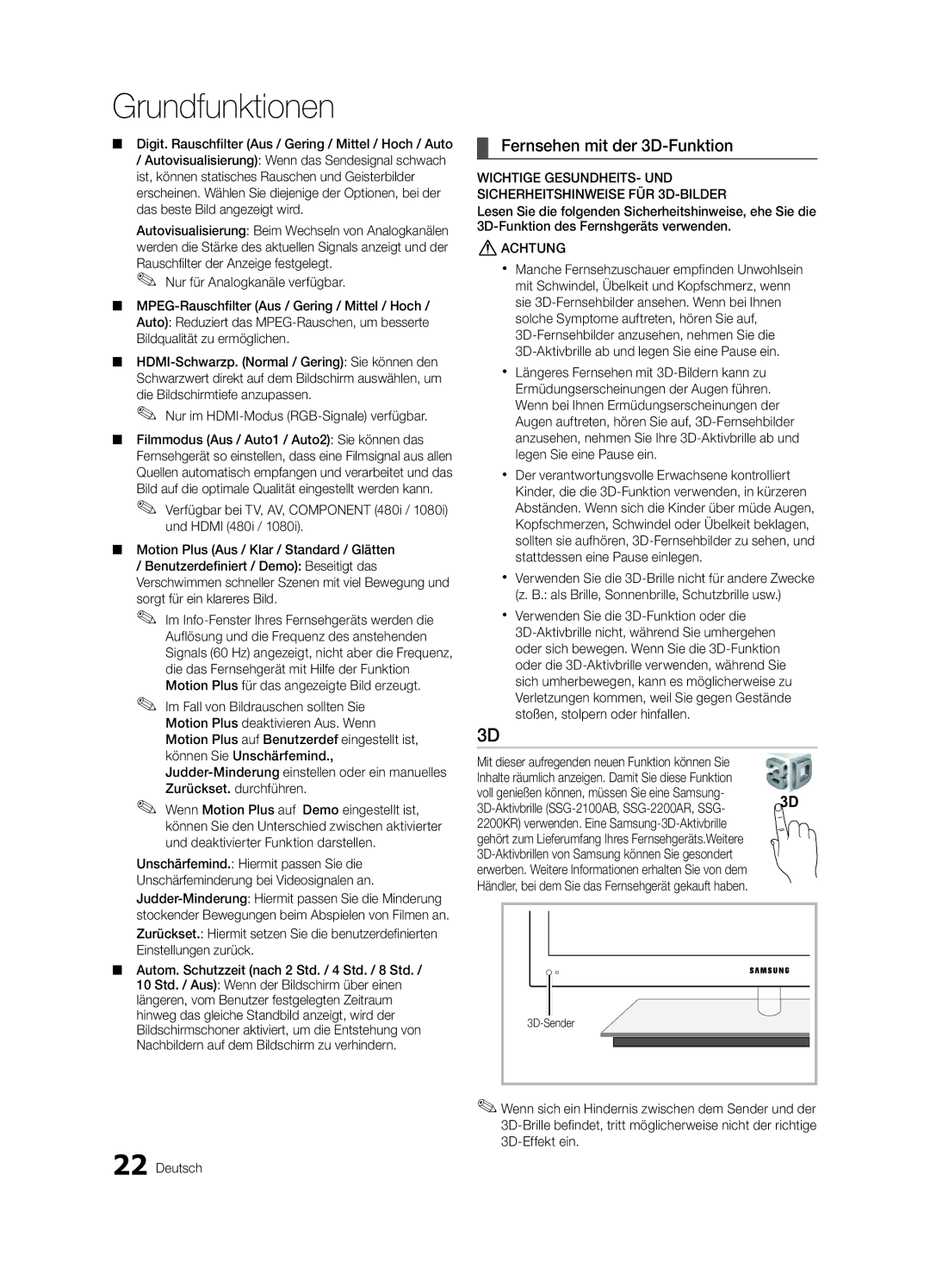 Samsung UE46C9000SPXZT, UE55C9000SPXZT, UE40C9000SPXZT, UE40C9000SWXXH manual Fernsehen mit der 3D-Funktion, 3D-Sender 