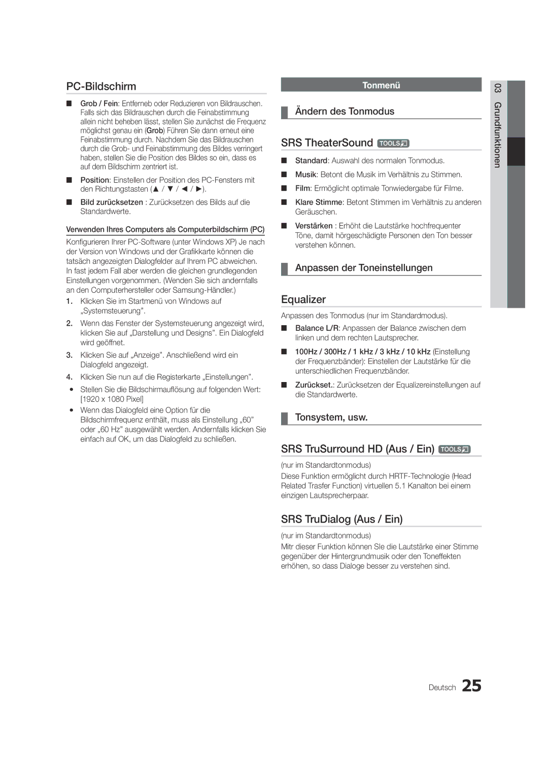 Samsung UE40C9000SWXZG, UE55C9000SPXZT manual PC-Bildschirm, SRS TruSurround HD Aus / Ein t, SRS TruDialog Aus / Ein 