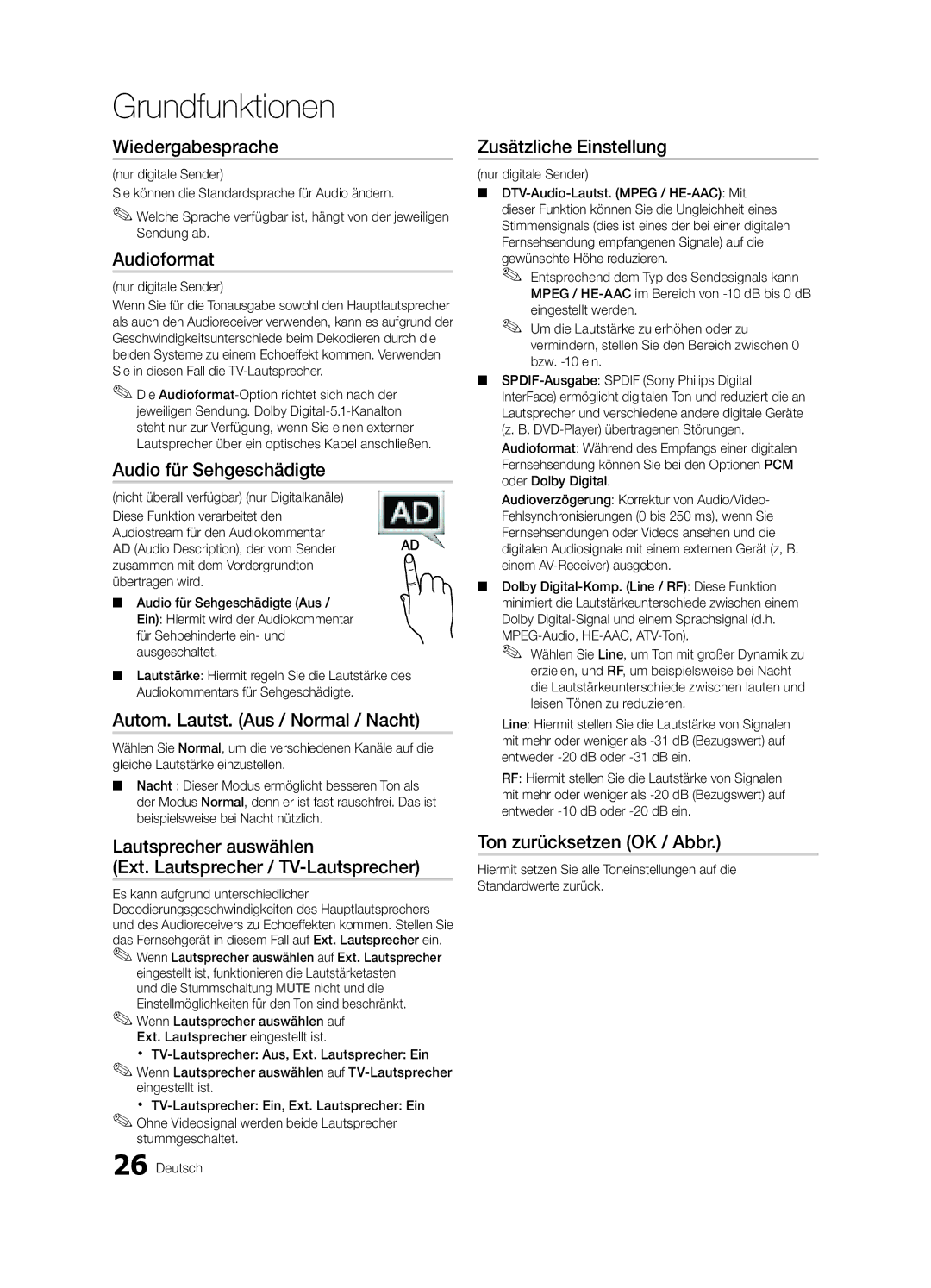 Samsung UE55C9000SPXZT manual Wiedergabesprache, Audioformat, Audio für Sehgeschädigte, Autom. Lautst. Aus / Normal / Nacht 