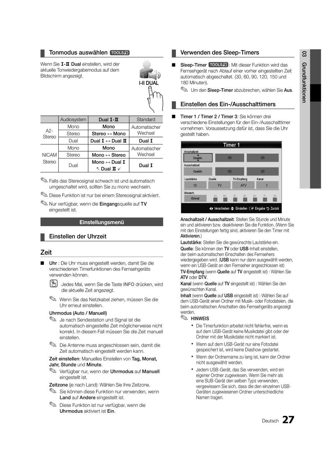 Samsung UE40C9000SPXZT, UE55C9000SPXZT manual Zeit, Tonmodus auswählen t, Einstellen der Uhrzeit, Verwenden des Sleep-Timers 