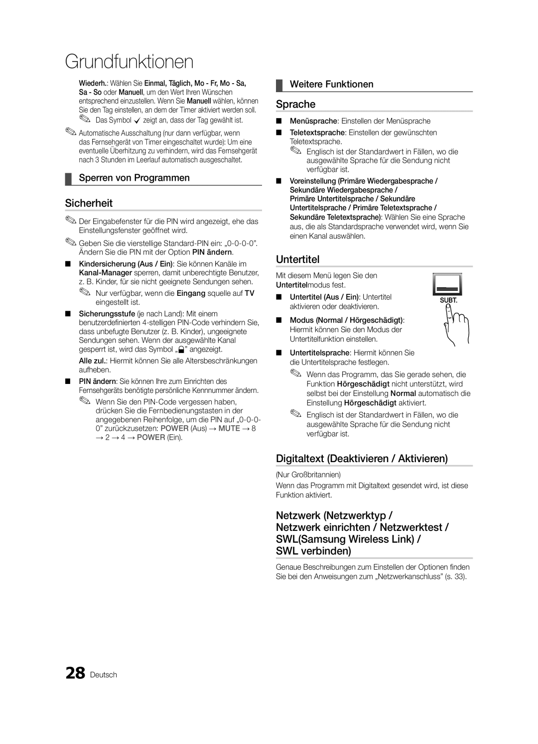 Samsung UE46C9000SPXZT Sicherheit, Sprache, Untertitel, Digitaltext Deaktivieren / Aktivieren, Sperren von Programmen 