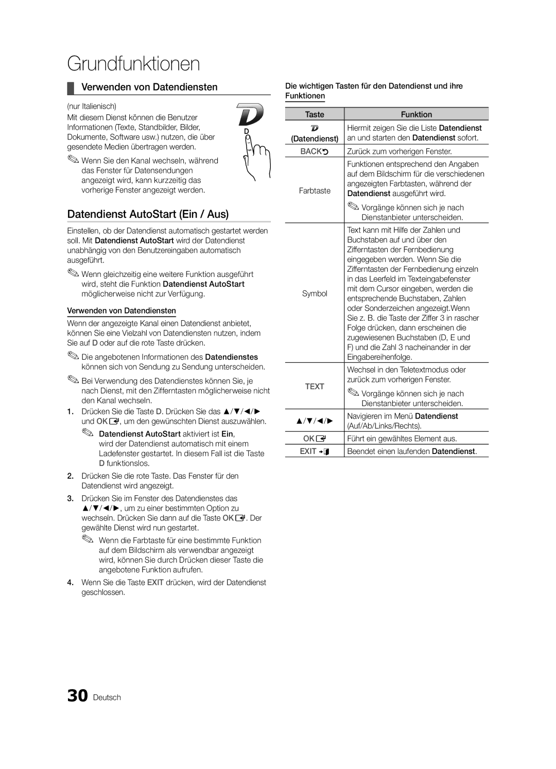 Samsung UE40C9005ZWXXE, UE55C9000SPXZT, UE40C9000SPXZT manual Datendienst AutoStart Ein / Aus, Verwenden von Datendiensten 