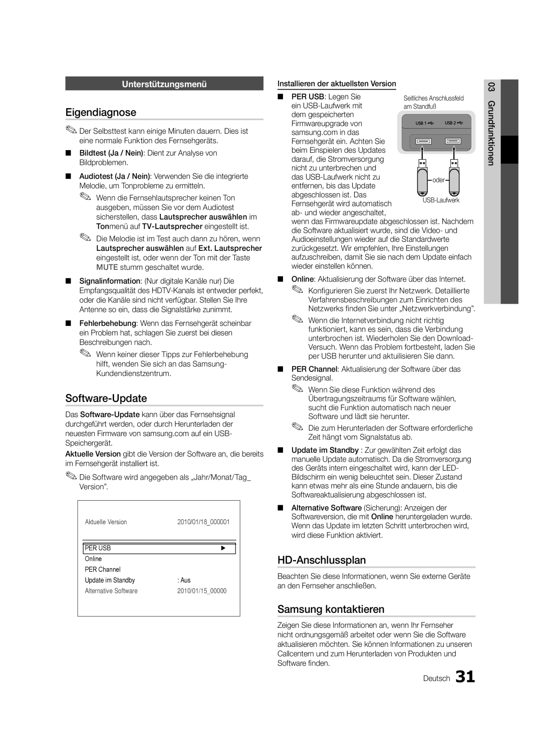 Samsung UE40C9000SWXZG, UE55C9000SPXZT manual Eigendiagnose, Software-Update, HD-Anschlussplan, Samsung kontaktieren 