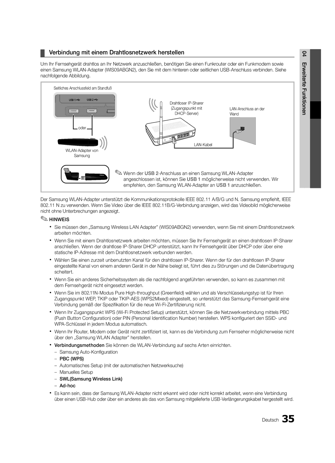 Samsung UE40C9000SWXXH manual Verbindung mit einem Drahtlosnetzwerk herstellen, Seitliches Anschlussfeld am Standfuß, Wand 