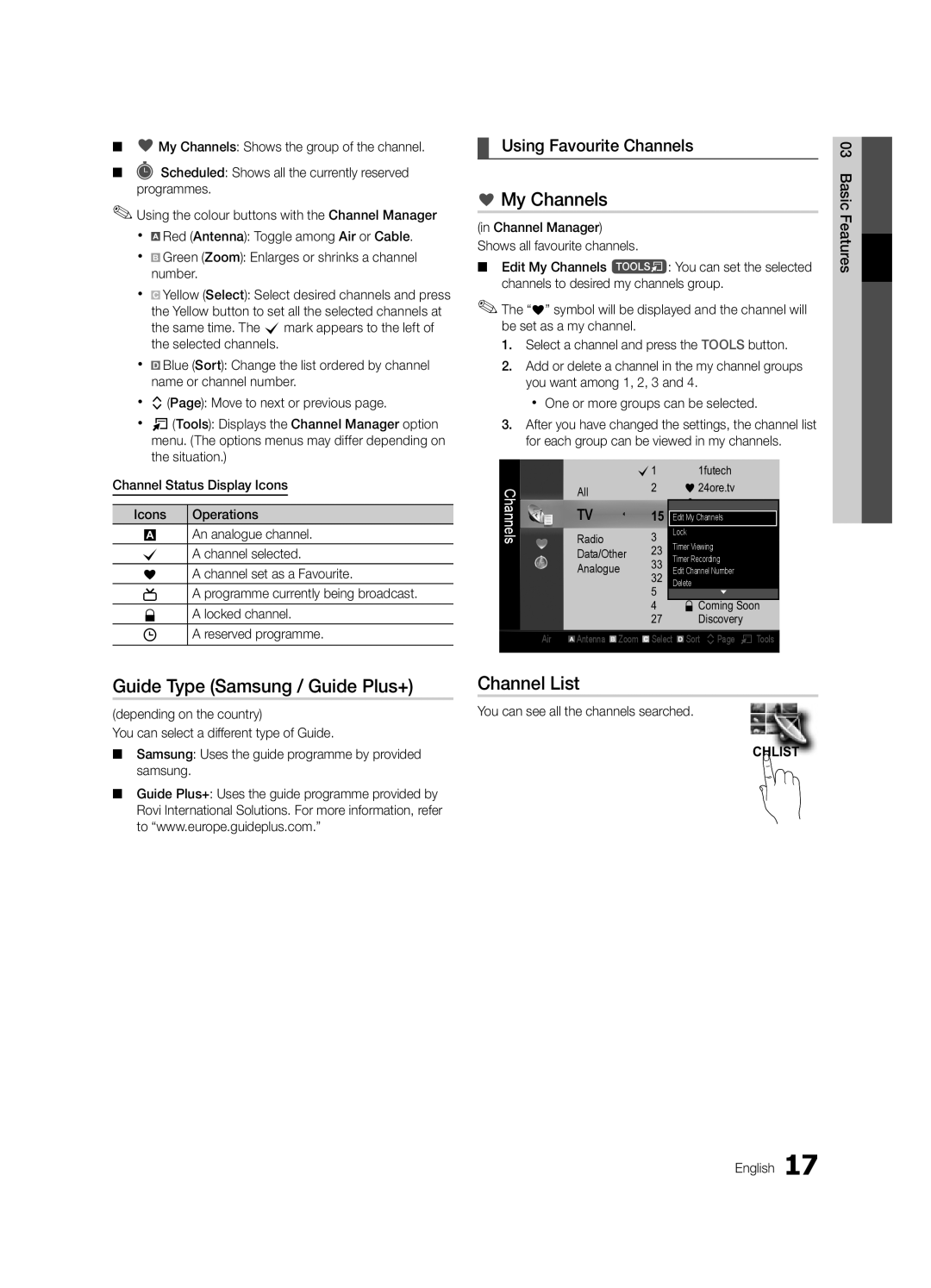 Samsung UE40C9000SWXZG manual My Channels, Guide Type Samsung / Guide Plus+, Channel List, Using Favourite Channels 