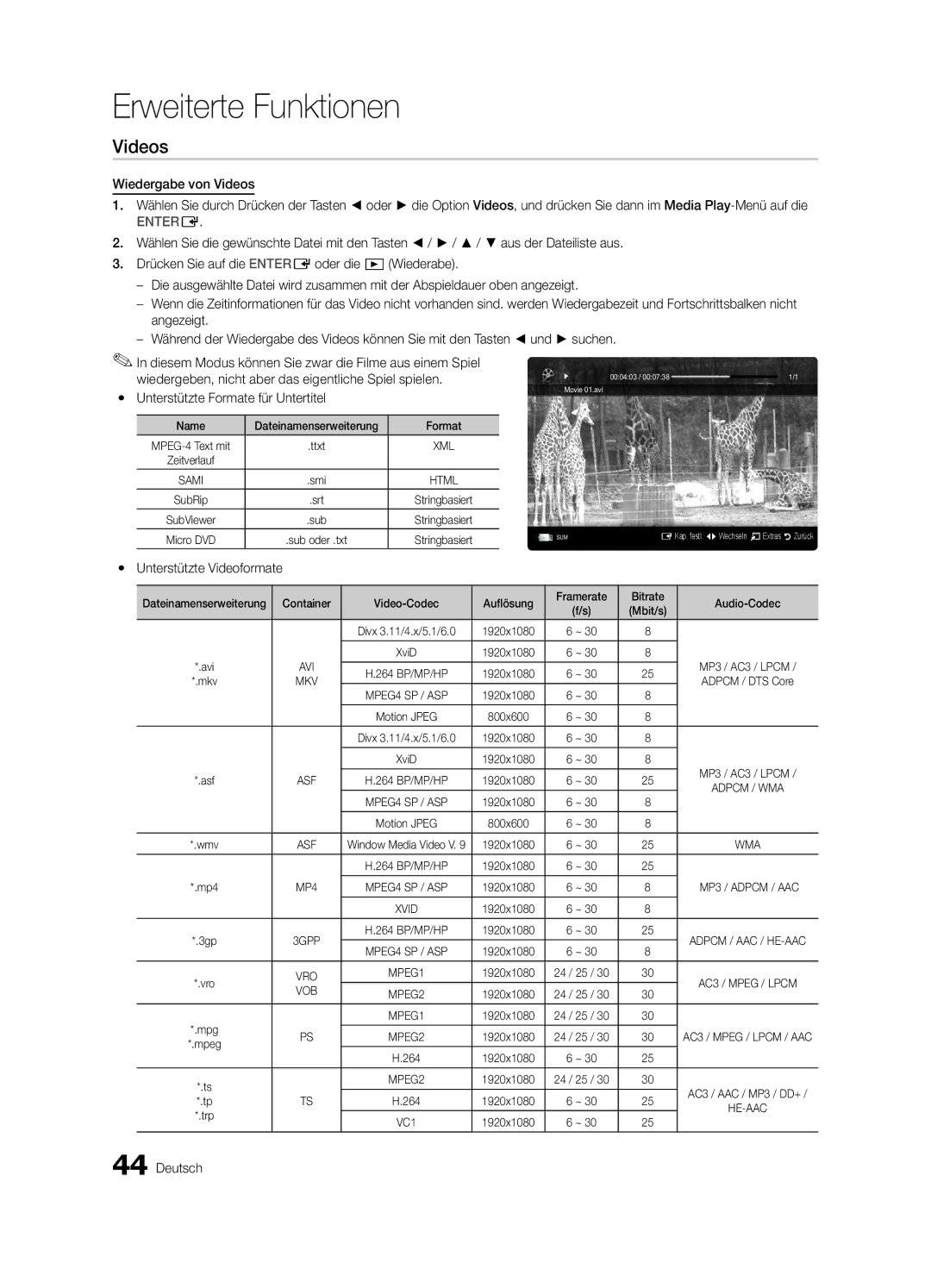 Samsung UE55C9000SPXZT, UE40C9000SPXZT, UE46C9000SPXZT Yy Unterstützte Videoformate, Name Dateinamenserweiterung Format 