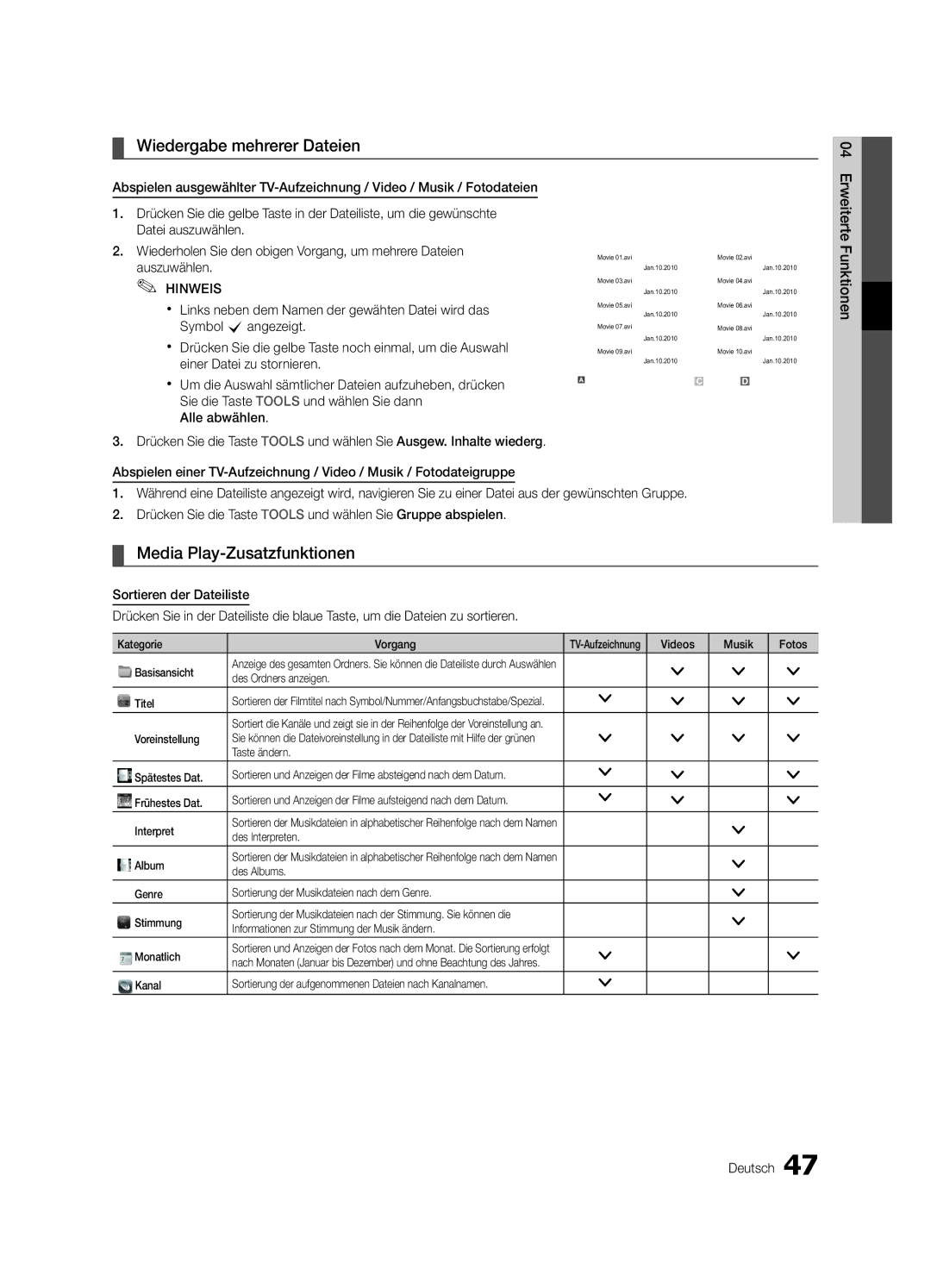 Samsung UE40C9000SWXXH, UE55C9000SPXZT, UE40C9000SPXZT manual Wiedergabe mehrerer Dateien, Media Play-Zusatzfunktionen 