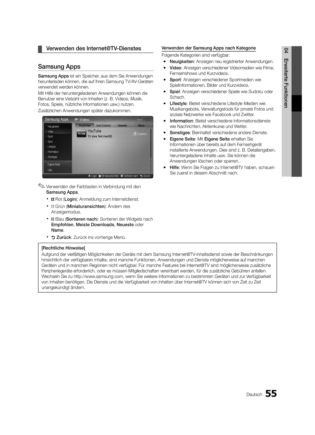 Samsung UE40C9000SWXZG, UE55C9000SPXZT manual Verwenden des Internet@TV-Dienstes, Zusätzlichen Anwendungen später dazukommen 