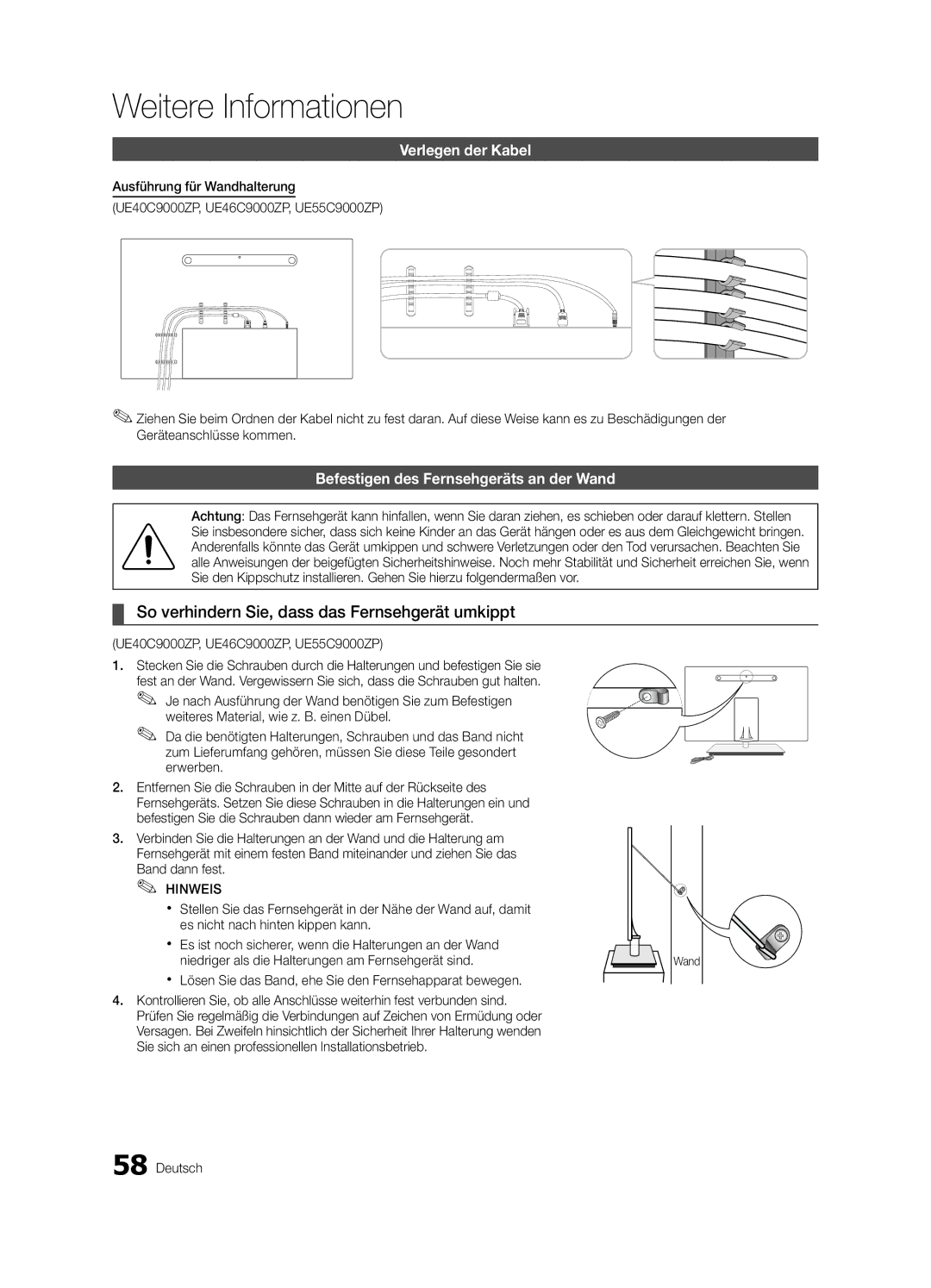 Samsung UE46C9000SPXZT manual Weitere Informationen, So verhindern Sie, dass das Fernsehgerät umkippt, Verlegen der Kabel 