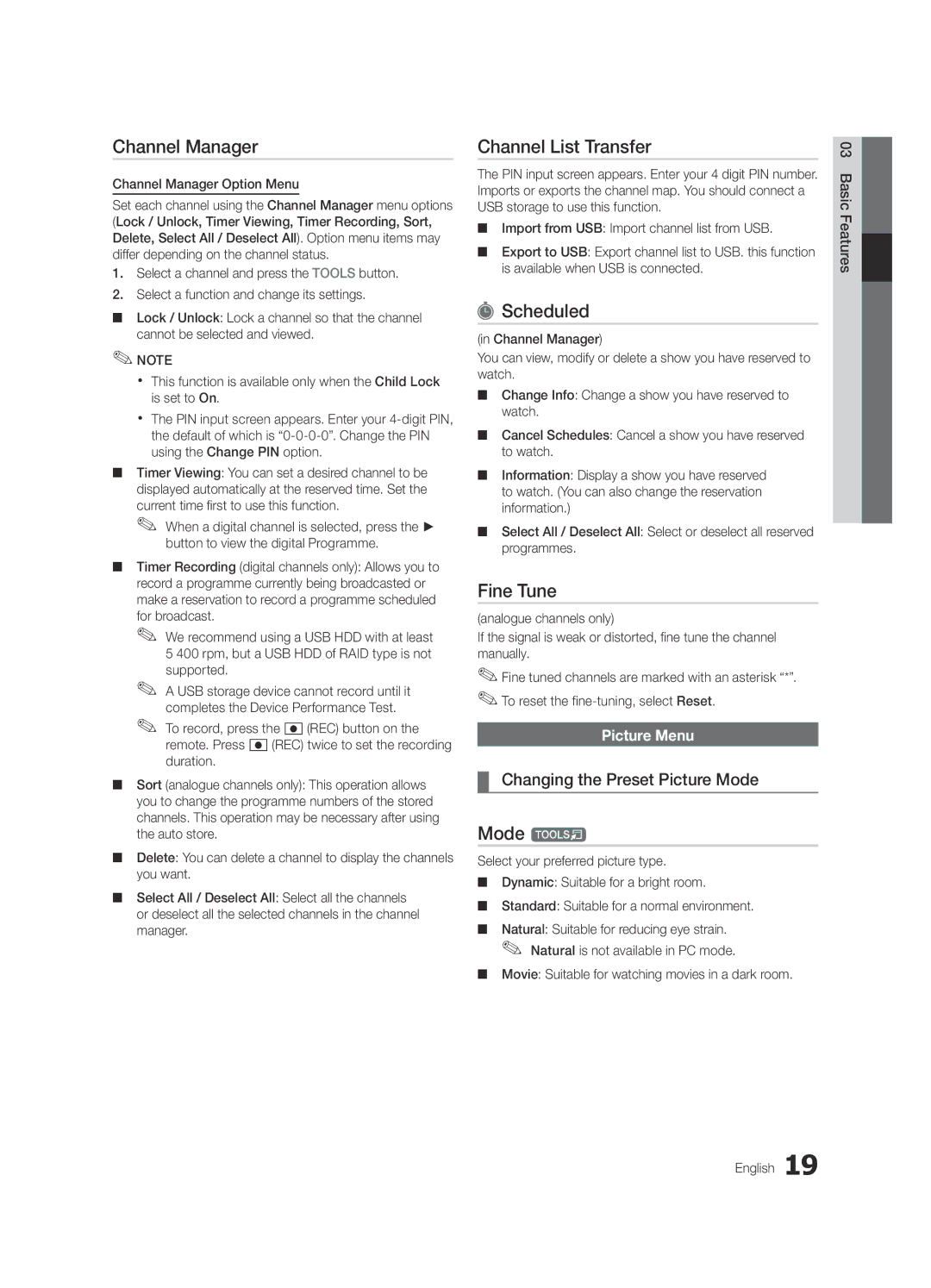 Samsung UE40C9000SPXZT manual Channel List Transfer, Scheduled, Fine Tune, Mode t, Changing the Preset Picture Mode 