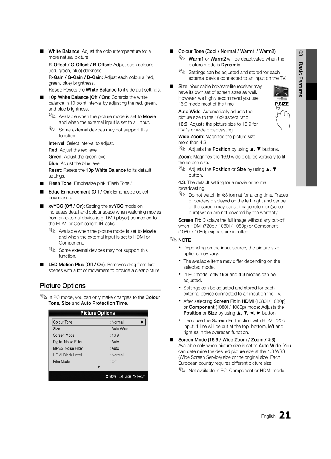 Samsung UE40C9000SWXXH, UE55C9000SPXZT, UE40C9000SPXZT, UE46C9000SPXZT Picture Options, Mode most of the time, Film Mode Off 