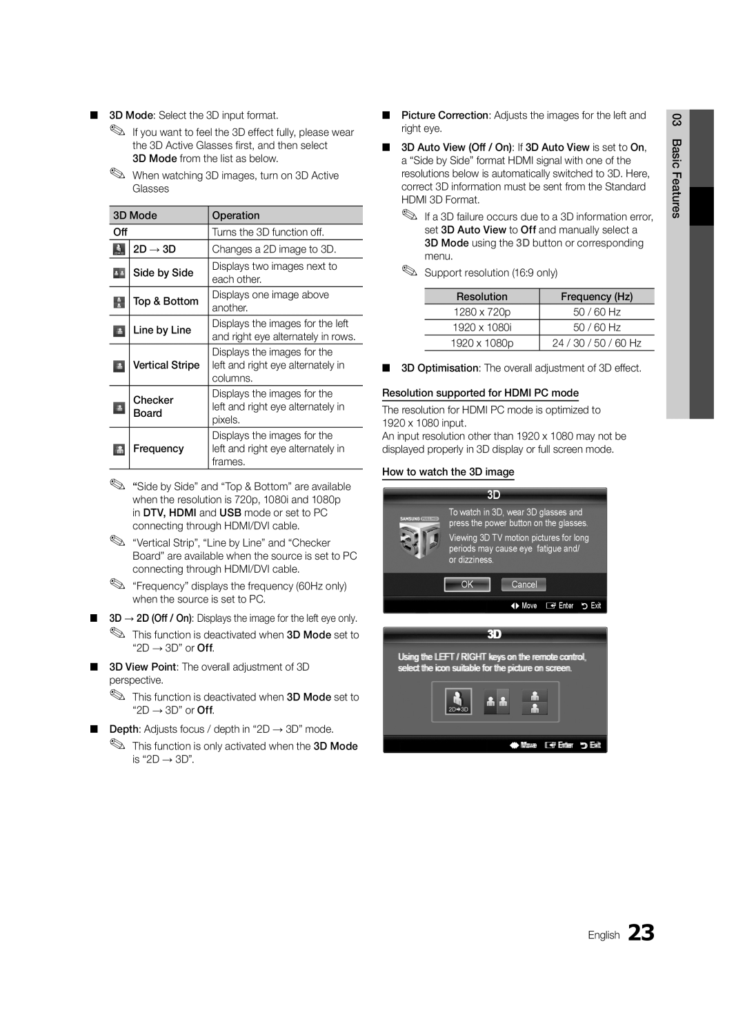 Samsung UE40C9000SWXZG manual 3D Mode Select the 3D input format, Displays the images for, 60 Hz, How to watch the 3D image 