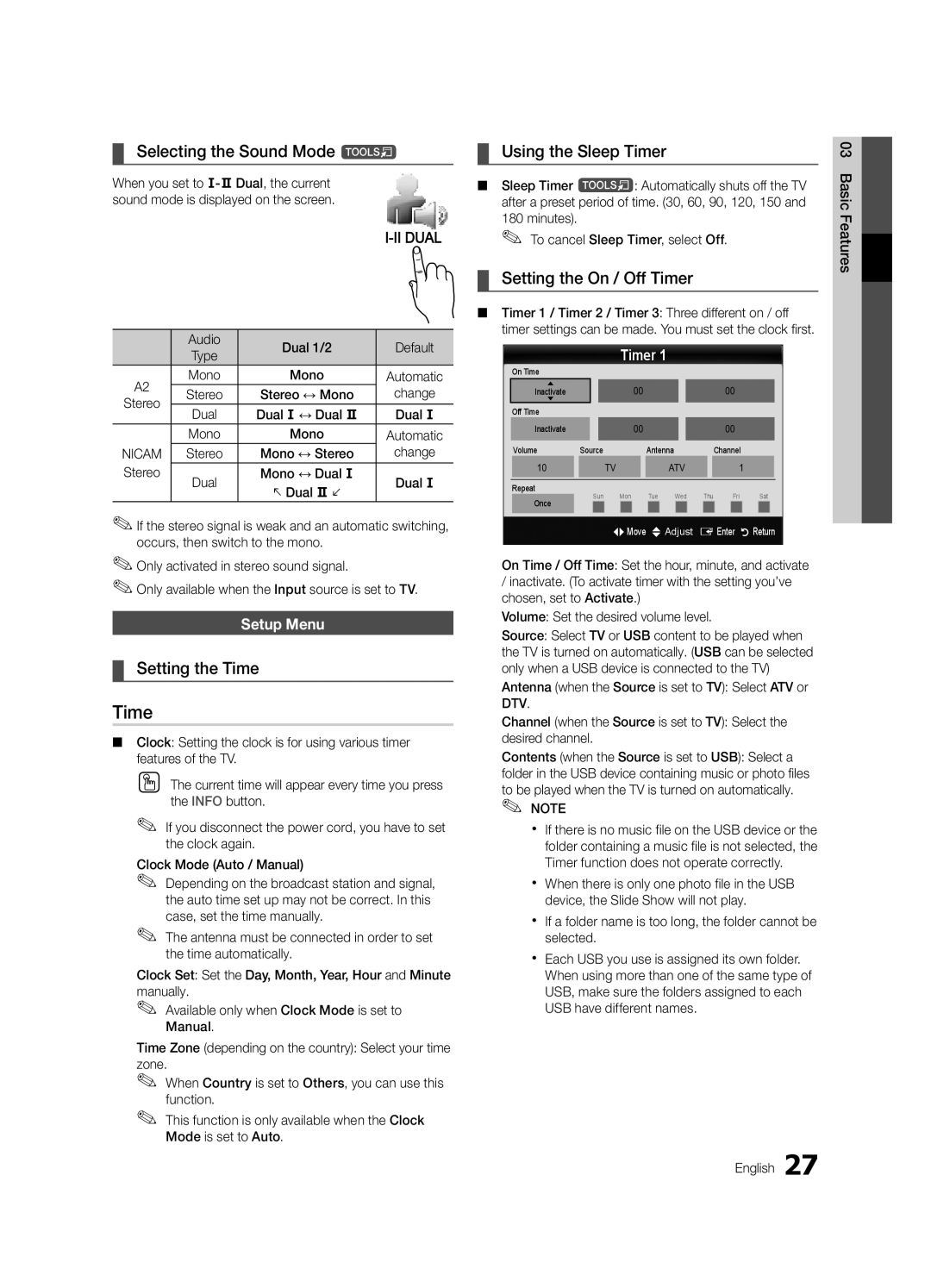 Samsung UE40C9000SWXXH Selecting the Sound Mode t, Setting the Time, Using the Sleep Timer, Setting the On / Off Timer 