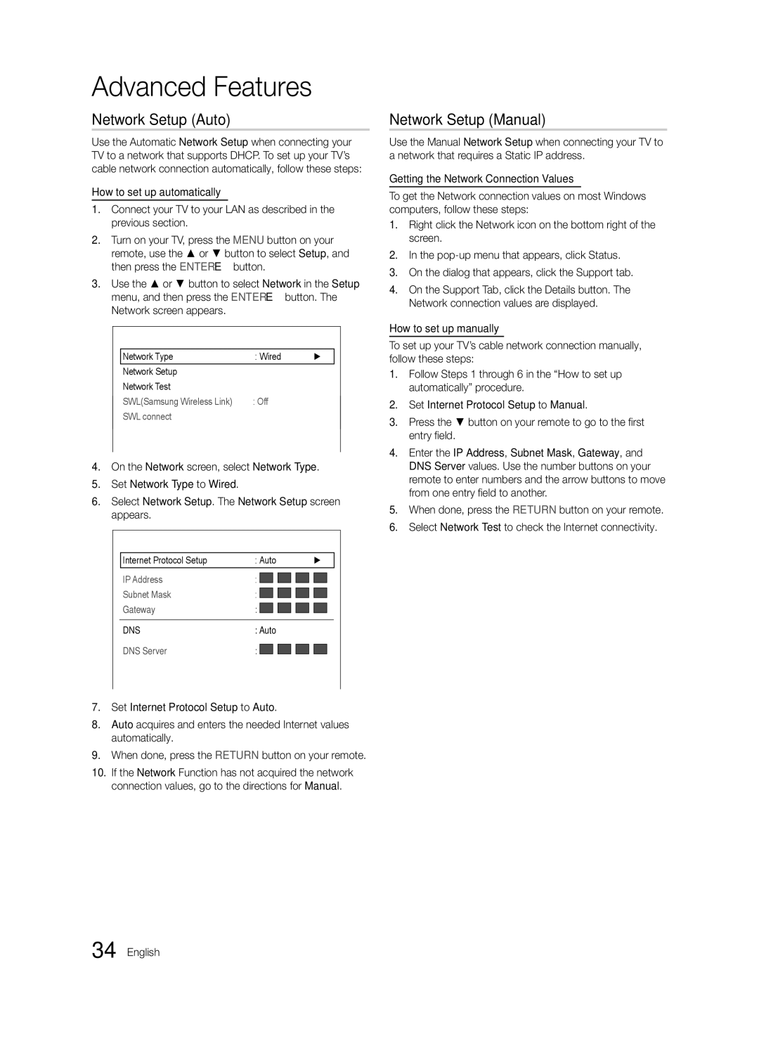 Samsung UE40C9005ZWXXE manual Network Setup Auto, Network Setup Manual, Network Type Wired Network Setup Network Test 