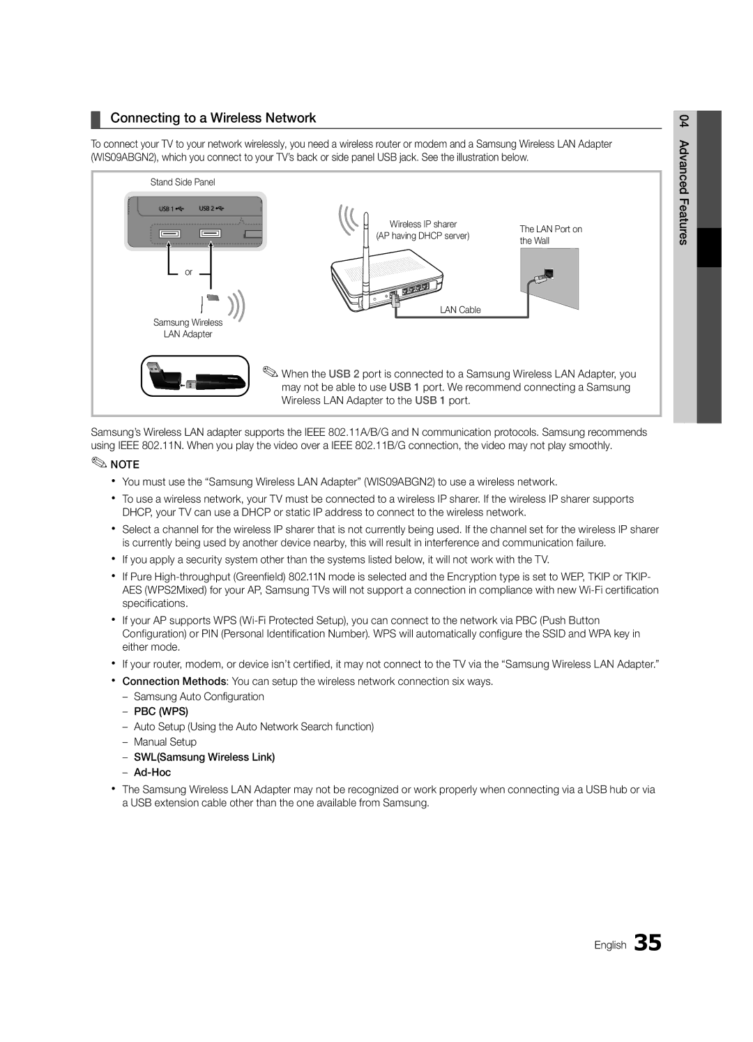 Samsung UE40C9000SWXZG, UE55C9000SPXZT manual Connecting to a Wireless Network, Wall, LAN Cable Samsung Wireless LAN Adapter 