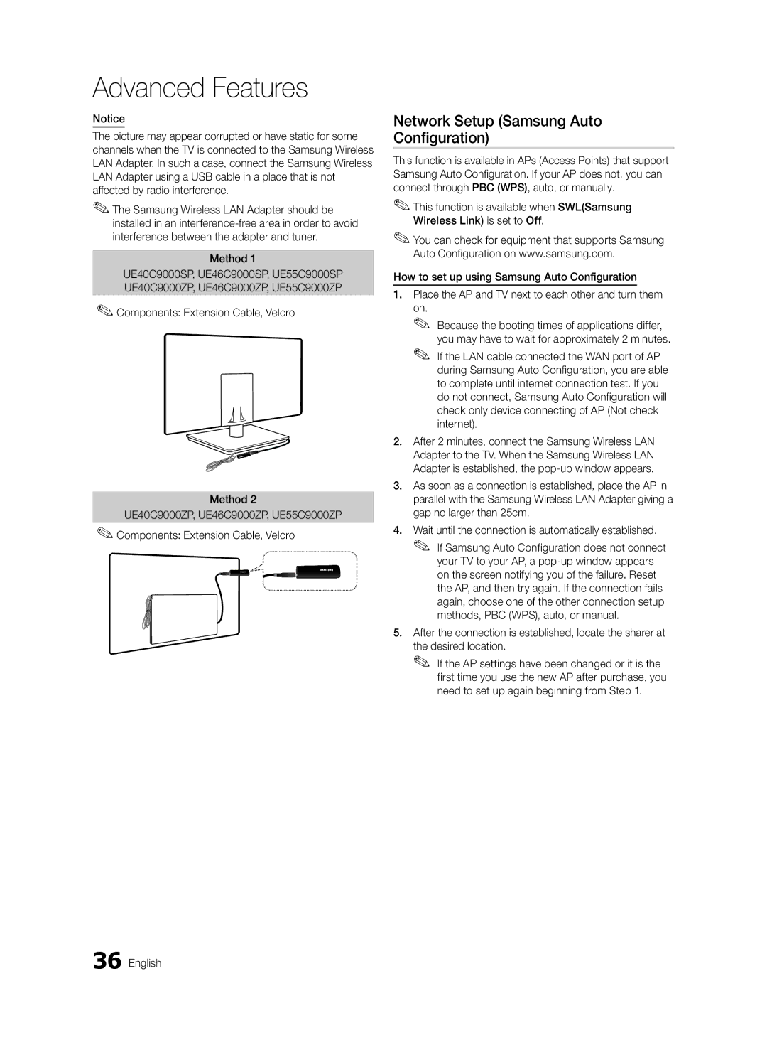 Samsung UE55C9000SPXZT manual Network Setup Samsung Auto Configuration, Components Extension Cable, Velcro Method 