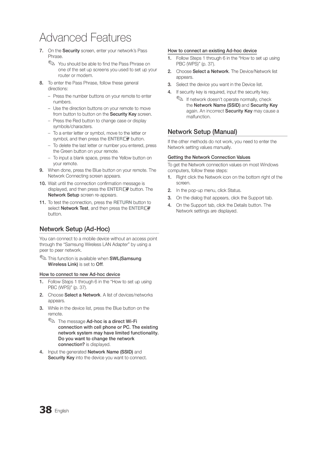 Samsung UE46C9000SPXZT, UE55C9000SPXZT, UE40C9000SPXZT, UE40C9000SWXXH manual Network Setup Ad-Hoc, Network Setup Manual 