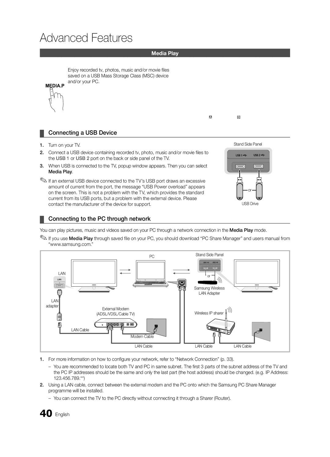 Samsung UE40C9005ZWXXE, UE55C9000SPXZT manual Connecting a USB Device, Connecting to the PC through network, Media Play 