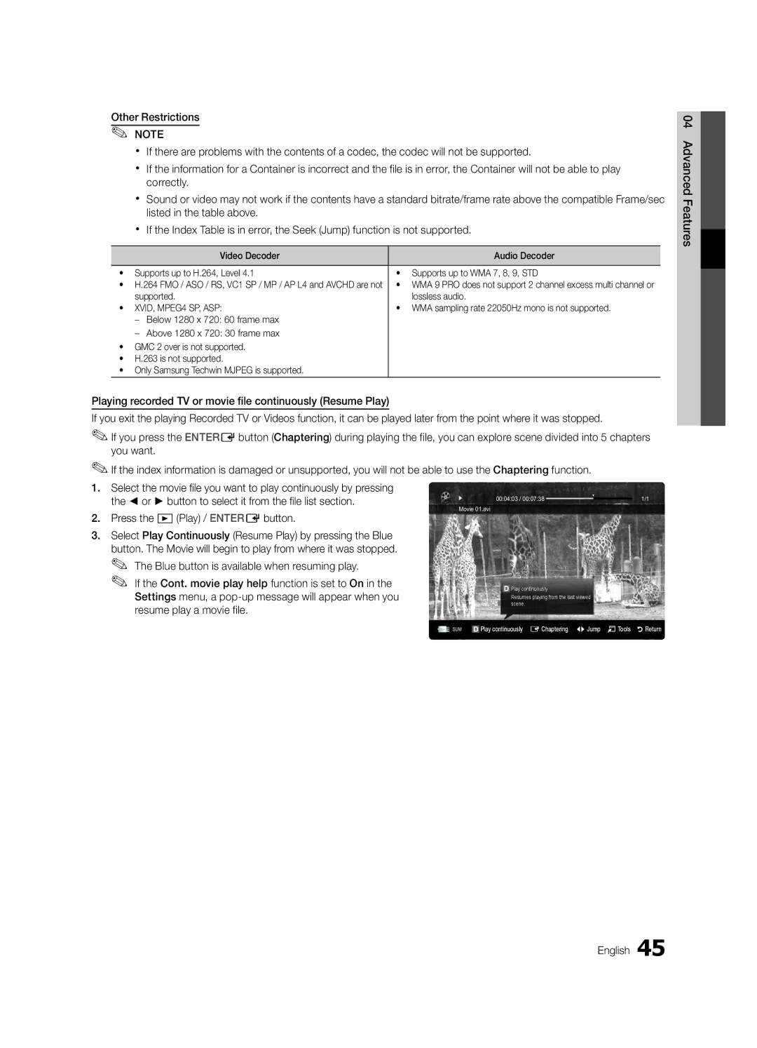 Samsung UE40C9000SWXXH, UE55C9000SPXZT manual Supported Lossless audio, WMA sampling rate 22050Hz mono is not supported 