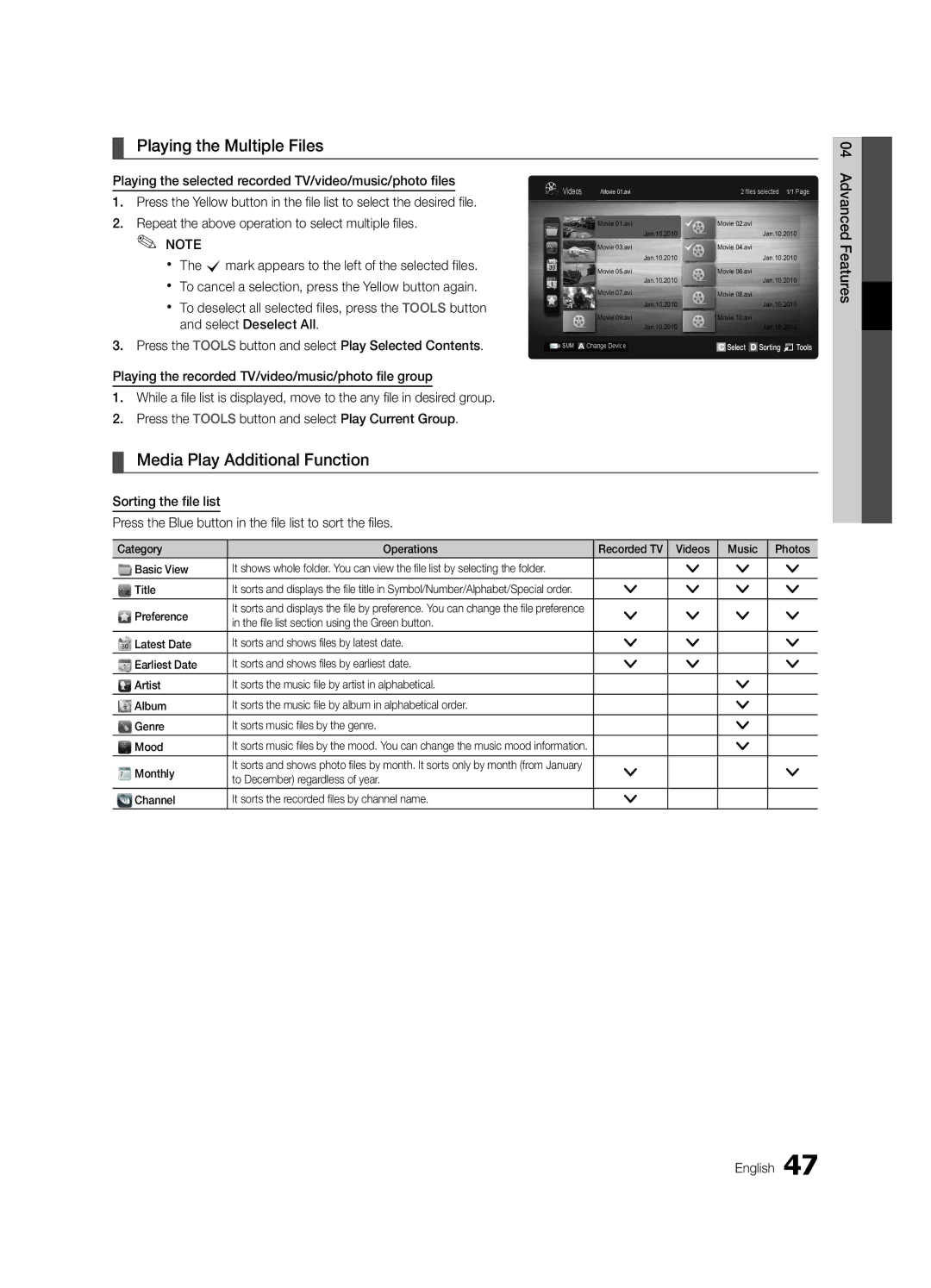 Samsung UE40C9000SWXZG, UE55C9000SPXZT, UE40C9000SPXZT manual Playing the Multiple Files, Media Play Additional Function 