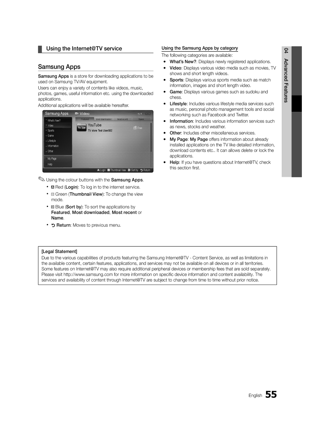 Samsung UE40C9000SPXZT, UE55C9000SPXZT, UE46C9000SPXZT, UE40C9000SWXXH manual Samsung Apps, Using the Internet@TV service 