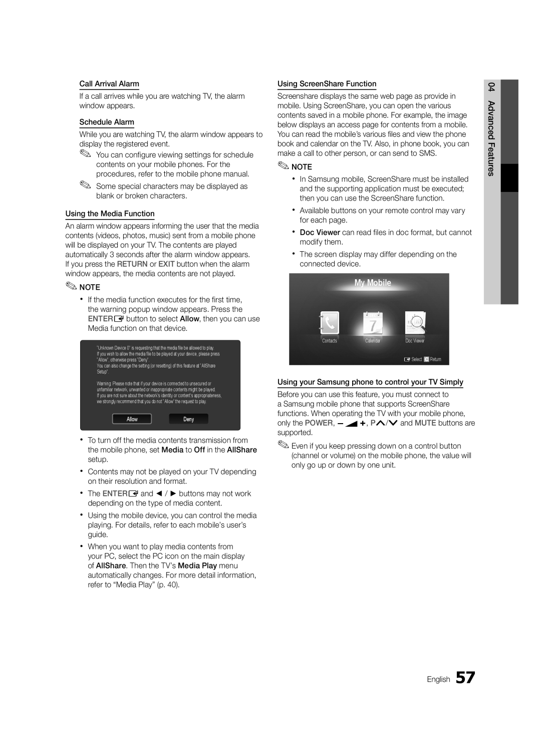 Samsung UE40C9000SWXXH, UE55C9000SPXZT, UE40C9000SPXZT, UE46C9000SPXZT, UE40C9005ZWXXE, UE40C9000SWXZG manual My Mobile 