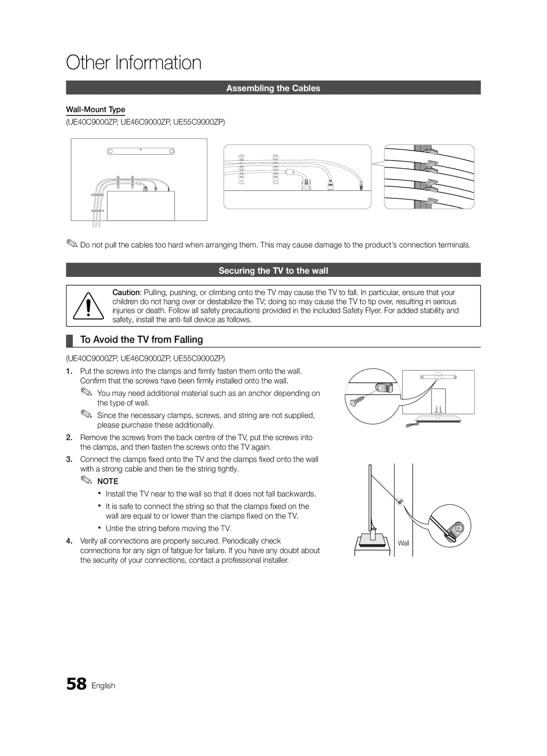 Samsung UE40C9005ZWXXE Other Information, To Avoid the TV from Falling, Assembling the Cables, Securing the TV to the wall 