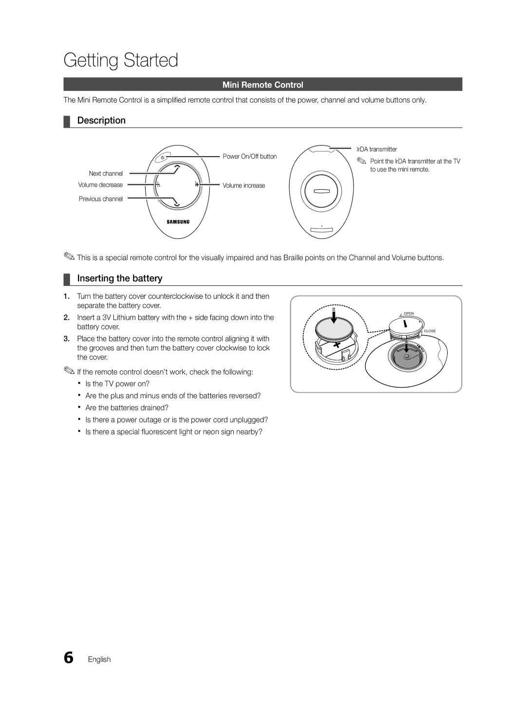 Samsung UE55C9000SPXZT, UE40C9000SPXZT, UE46C9000SPXZT manual Description, Inserting the battery, Mini Remote Control 