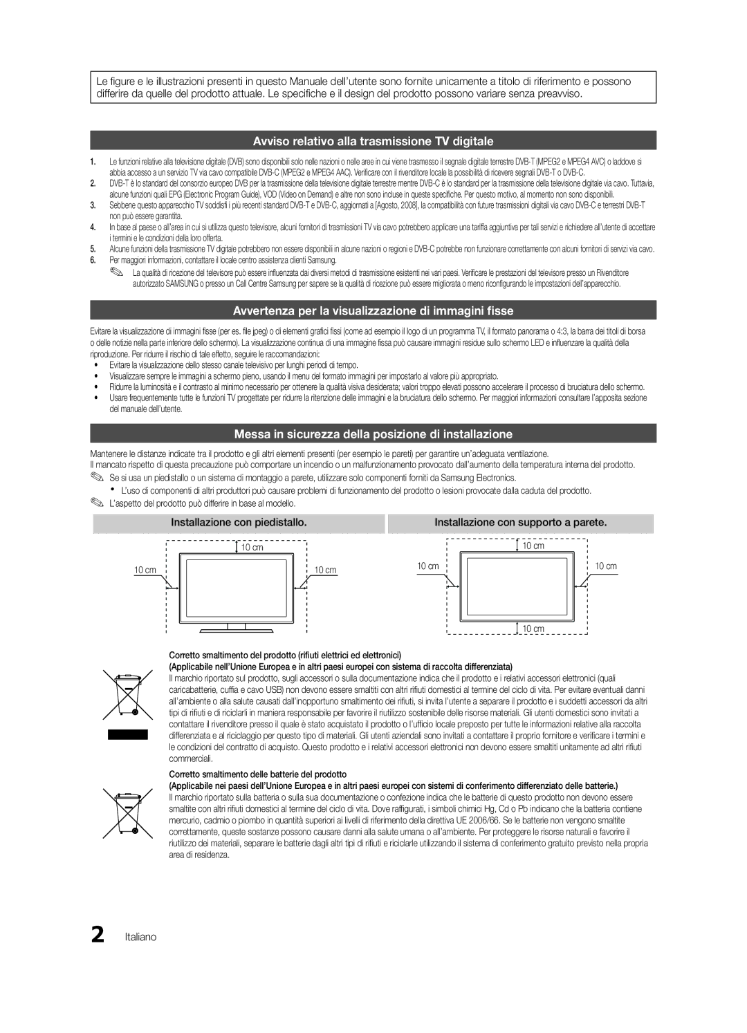 Samsung UE55C9000SPXZT, UE40C9000SPXZT manual Installazione con piedistallo, Installazione con supporto a parete, Italiano 