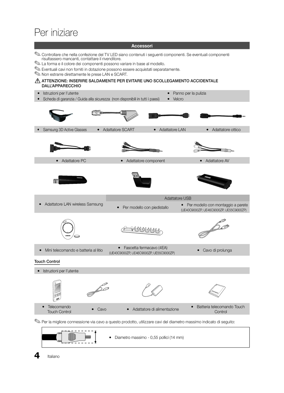 Samsung UE46C9000SPXZT, UE55C9000SPXZT, UE40C9000SPXZT, UE40C9000SWXXH, UE40C9005ZWXXE, UE40C9000SWXZG Per iniziare, Accessori 