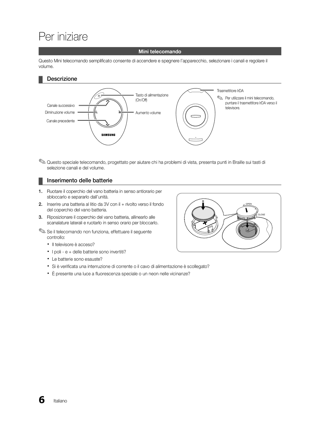 Samsung UE40C9005ZWXXE, UE55C9000SPXZT, UE40C9000SPXZT manual Descrizione, Inserimento delle batterie, Mini telecomando 