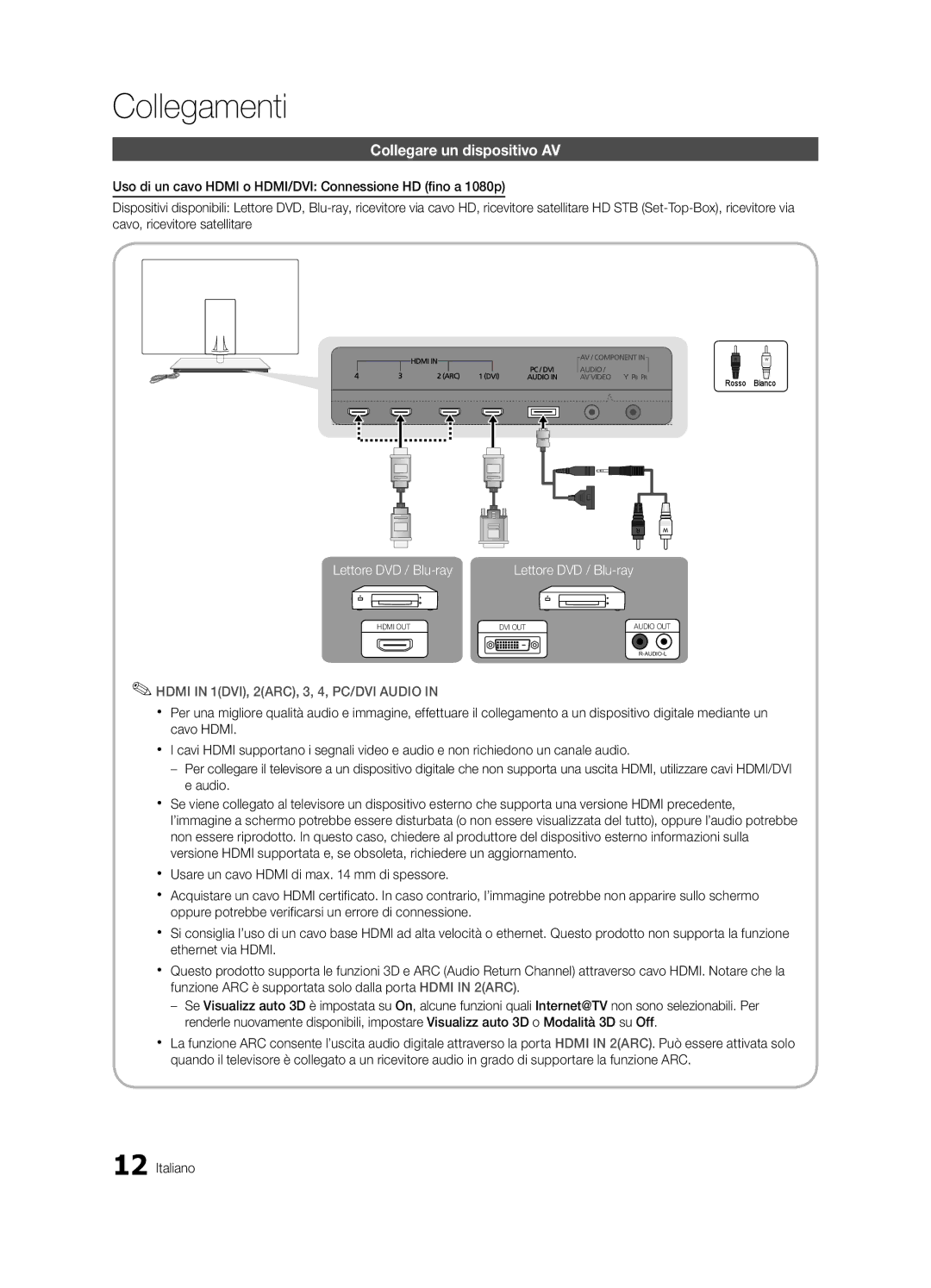 Samsung UE40C9005ZWXXE, UE55C9000SPXZT, UE40C9000SPXZT, UE46C9000SPXZT manual Collegamenti, Collegare un dispositivo AV 