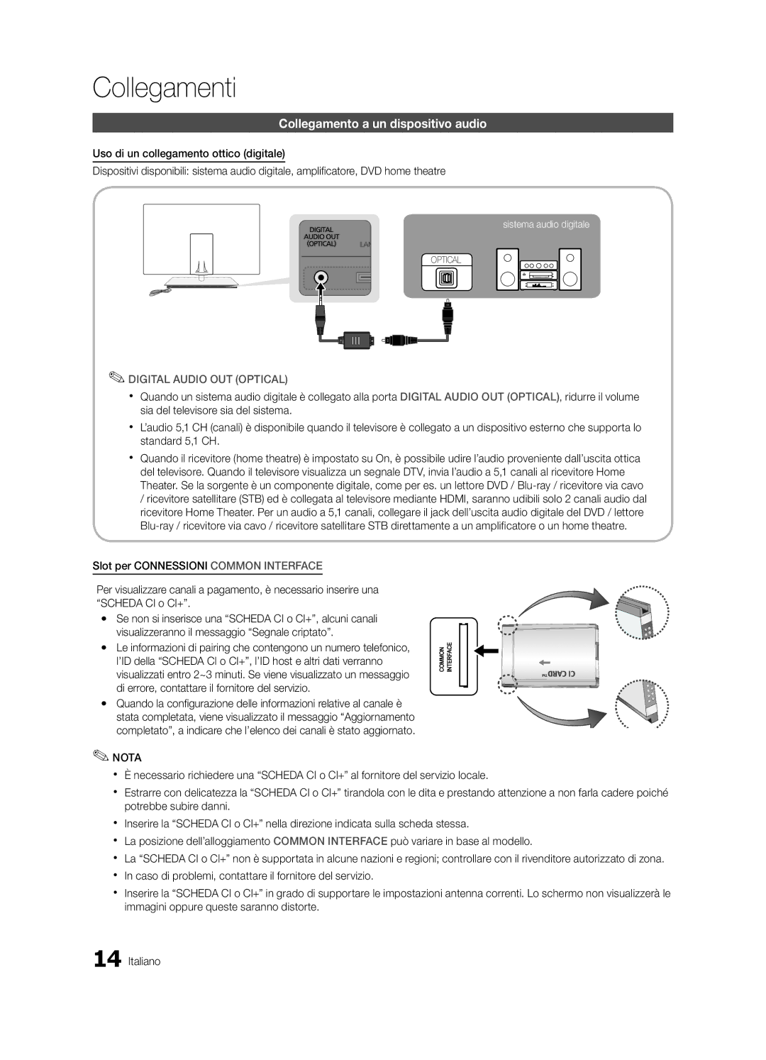 Samsung UE55C9000SPXZT, UE40C9000SPXZT, UE46C9000SPXZT, UE40C9000SWXXH manual Collegamento a un dispositivo audio, Nota 