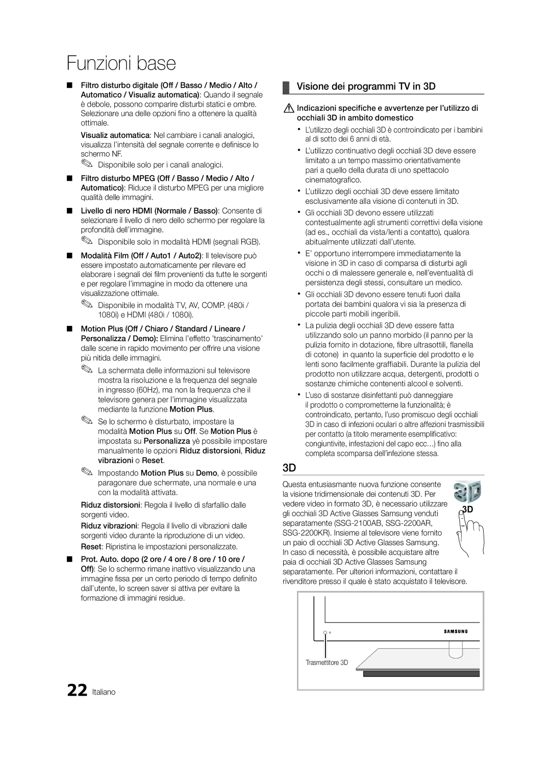 Samsung UE46C9000SPXZT, UE55C9000SPXZT manual Visione dei programmi TV in 3D, Gli occhiali 3D Active Glasses Samsung venduti 